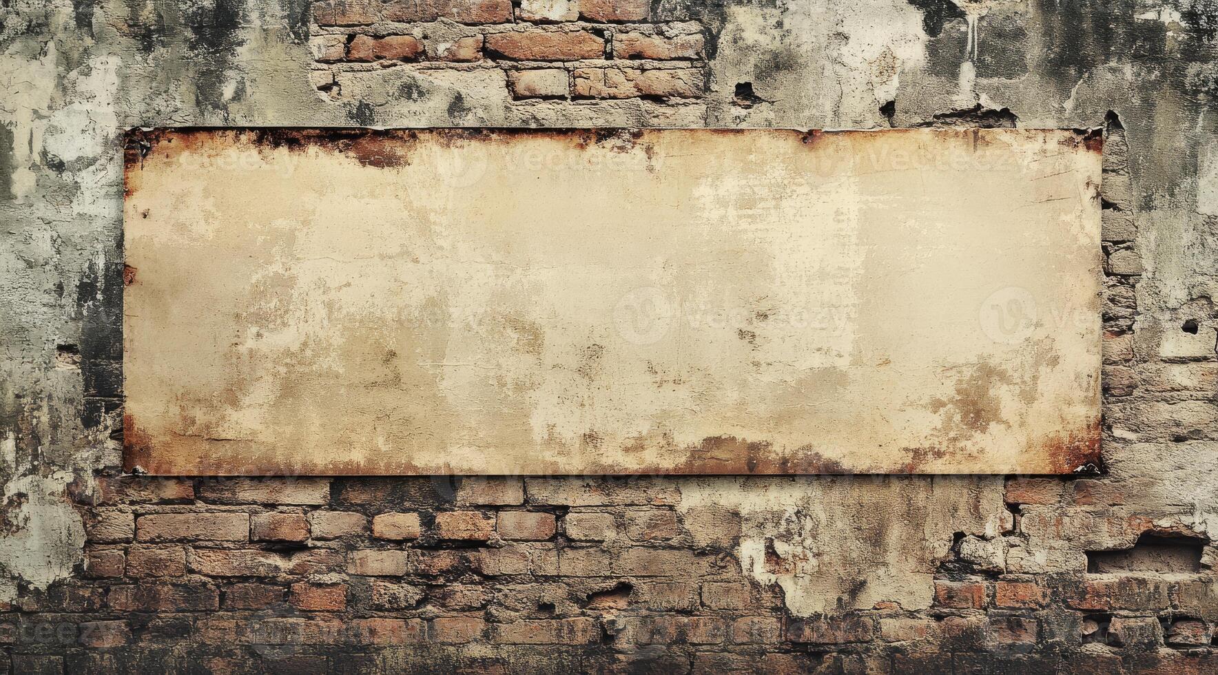 A weathered brick wall featuring a faded, blank sign area presents a perfect opportunity for advertising or for creating a vintage backdrop that would be ideal for various artistic endeavors photo