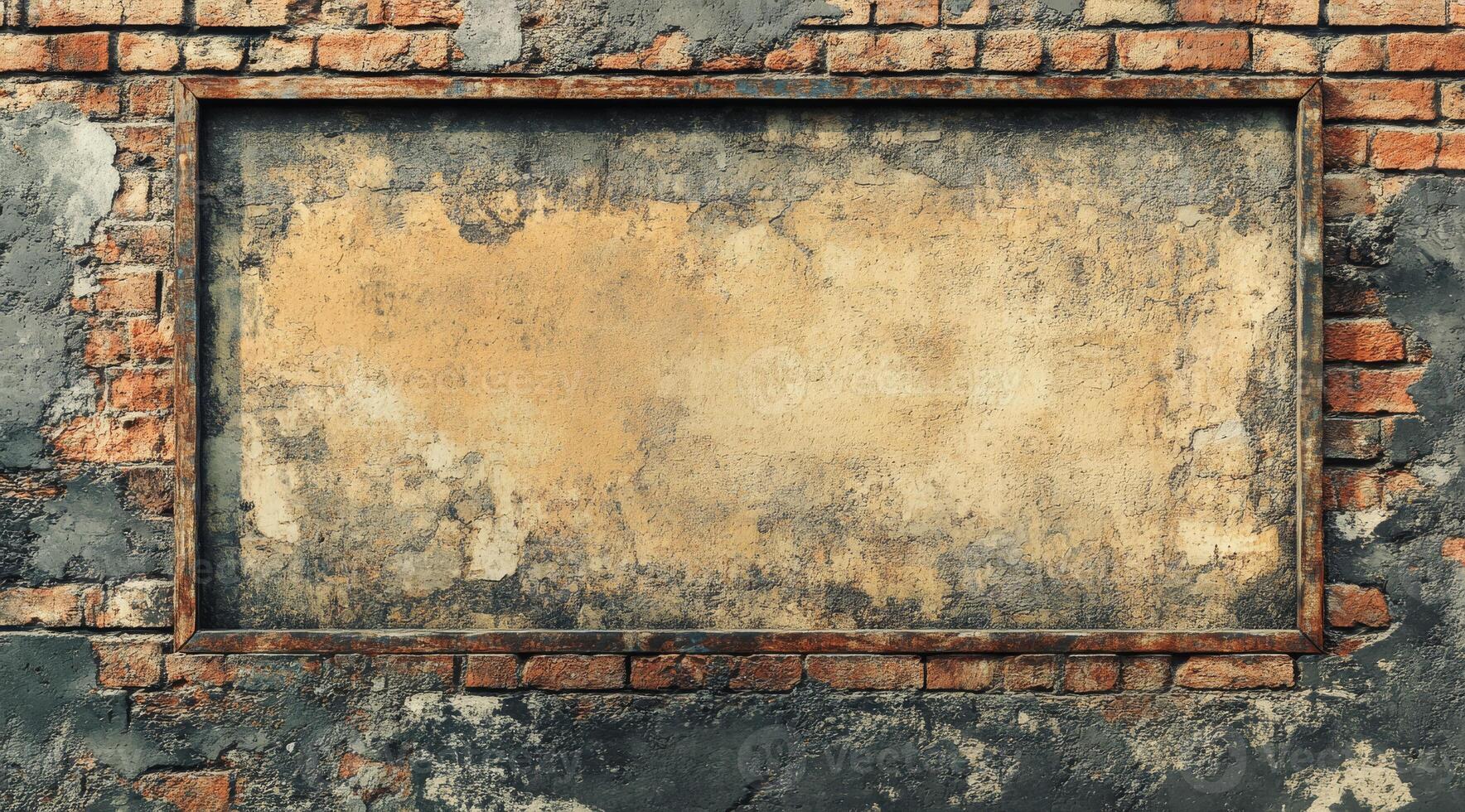 This weathered brick wall features a faded area, ideal for artistic text or graphics. Its great for design projects needing a rustic backdrop, enhancing urbanthemed artwork or ads photo