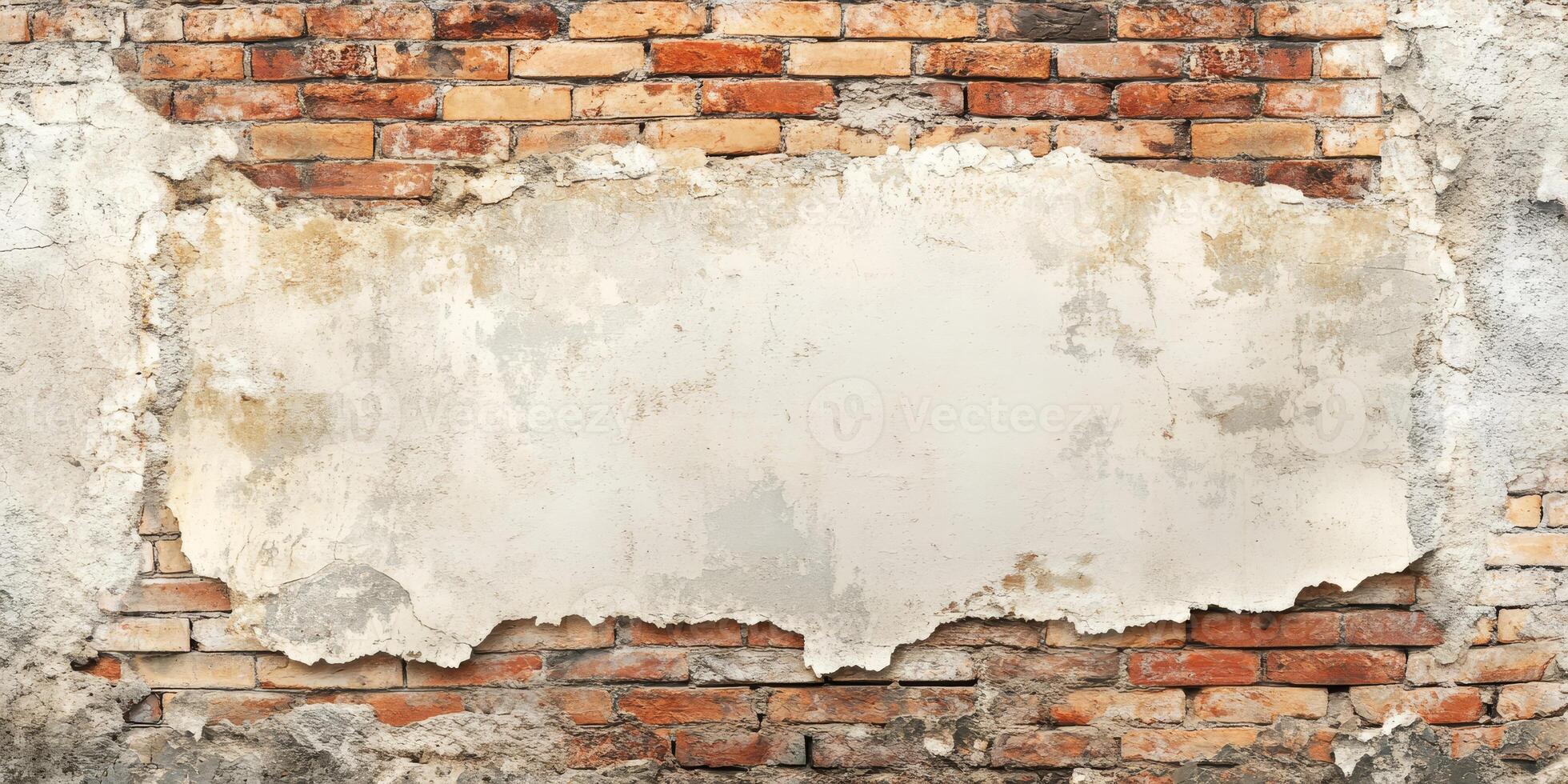This is a weathered brick and plaster wall that features a blank area set aside for the addition of text or graphic elements. It is ideal for use as backgrounds and in various creative projects photo