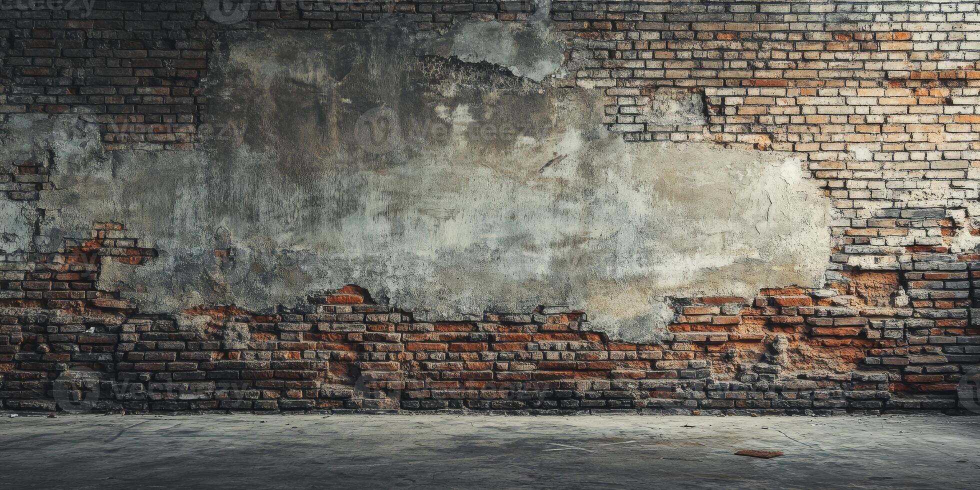 The weathered and textured brick wall features exposed areas that provide an ideal backdrop for showcasing minimalist designs or various creative concepts that inspire artistic expression photo