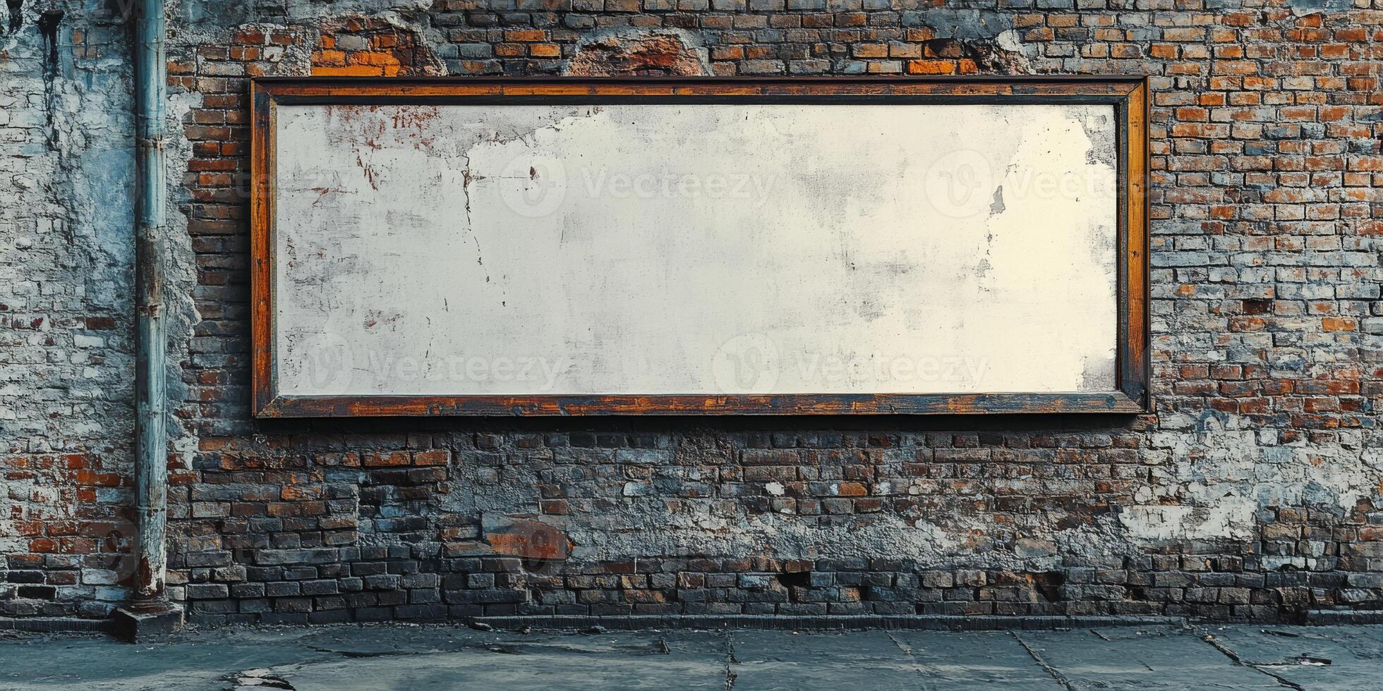A blank billboard stands framed against a charming and rustic brick wall, offering ample space and opportunity for creative advertisements, artistic displays, or unique artwork to shine photo