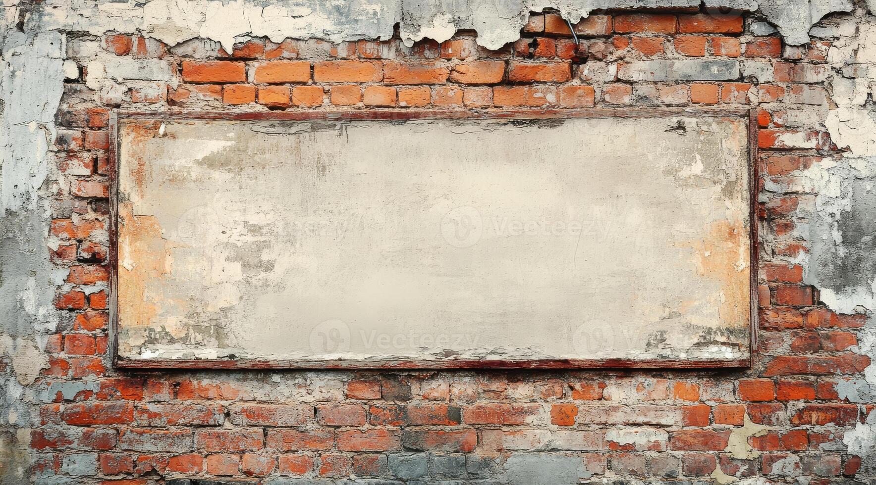 An aged brick wall, showing the charm of peeling plaster, serves as a rustic background that includes a blank rectangular space, ideally suited for adding text or graphics as needed photo