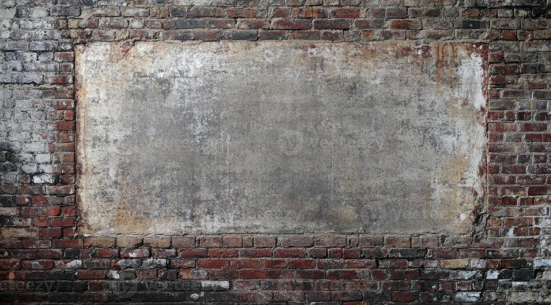 An aged brick wall featuring a large blank space, perfect for adding text or graphics in design projects. The weathered look offers a rustic atmosphere photo