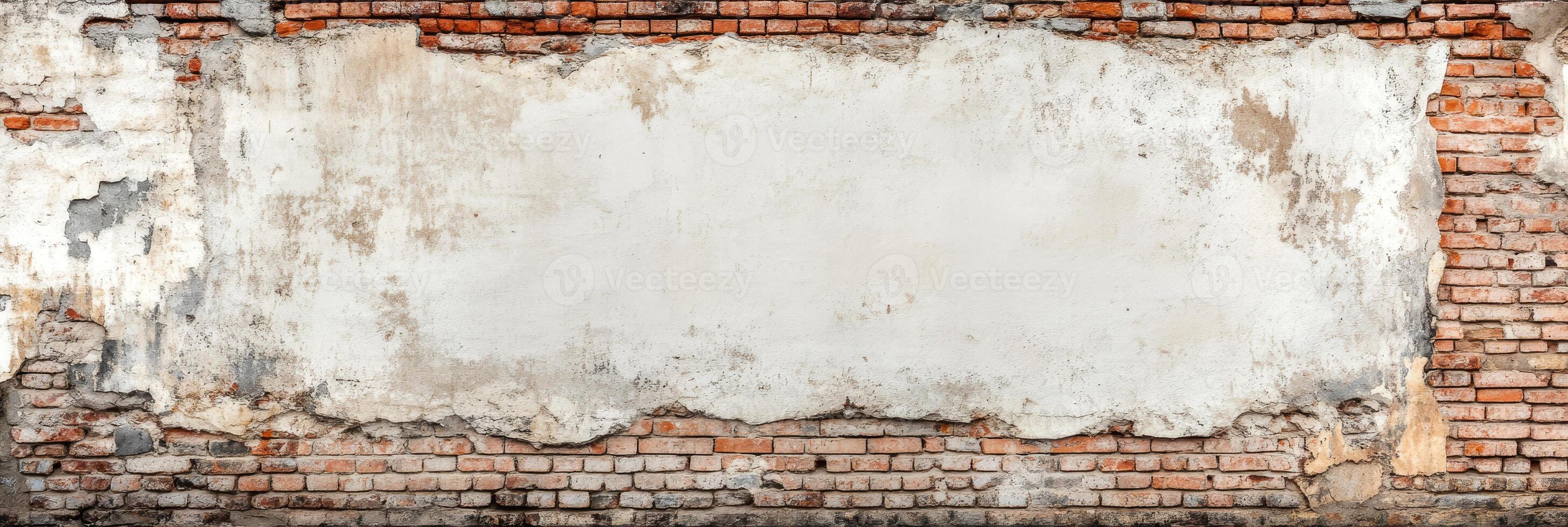 A weathered brick wall with a rugged texture has a blank white space ideal for adding text or designs for creative projects, presentations, or backgrounds that captivate audiences photo