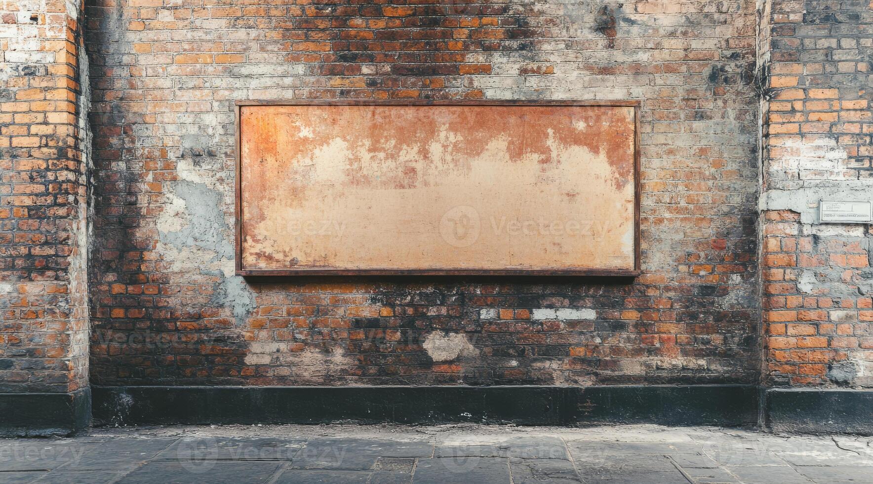 A rustic brick wall with a blank panel is a perfect canvas for vibrant artwork or ads, enhancing visual appeal and inspiring creativity in various artistic projects for personal expression photo