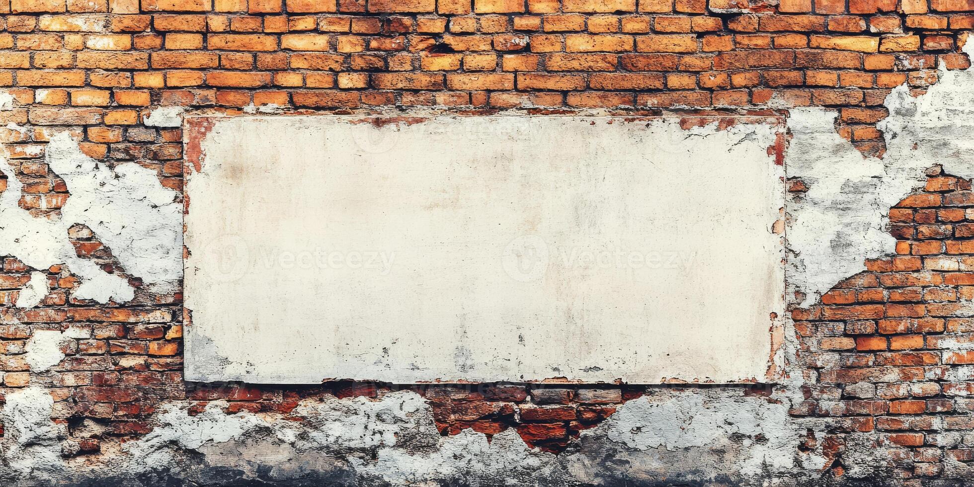 A weathered brick wall that has an expansive blank white space, making it an ideal canvas for various promotional content, advertisements, or artistic displays and creative expressions photo