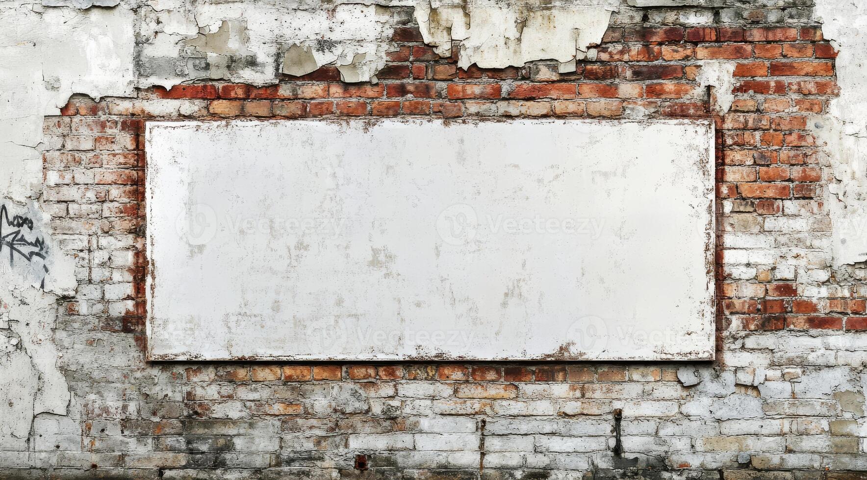 The image depicts a weathered wall that features peeling paint and exposed bricks, which offers a significant amount of empty space suitable for inserting text or graphics of various types and styles photo
