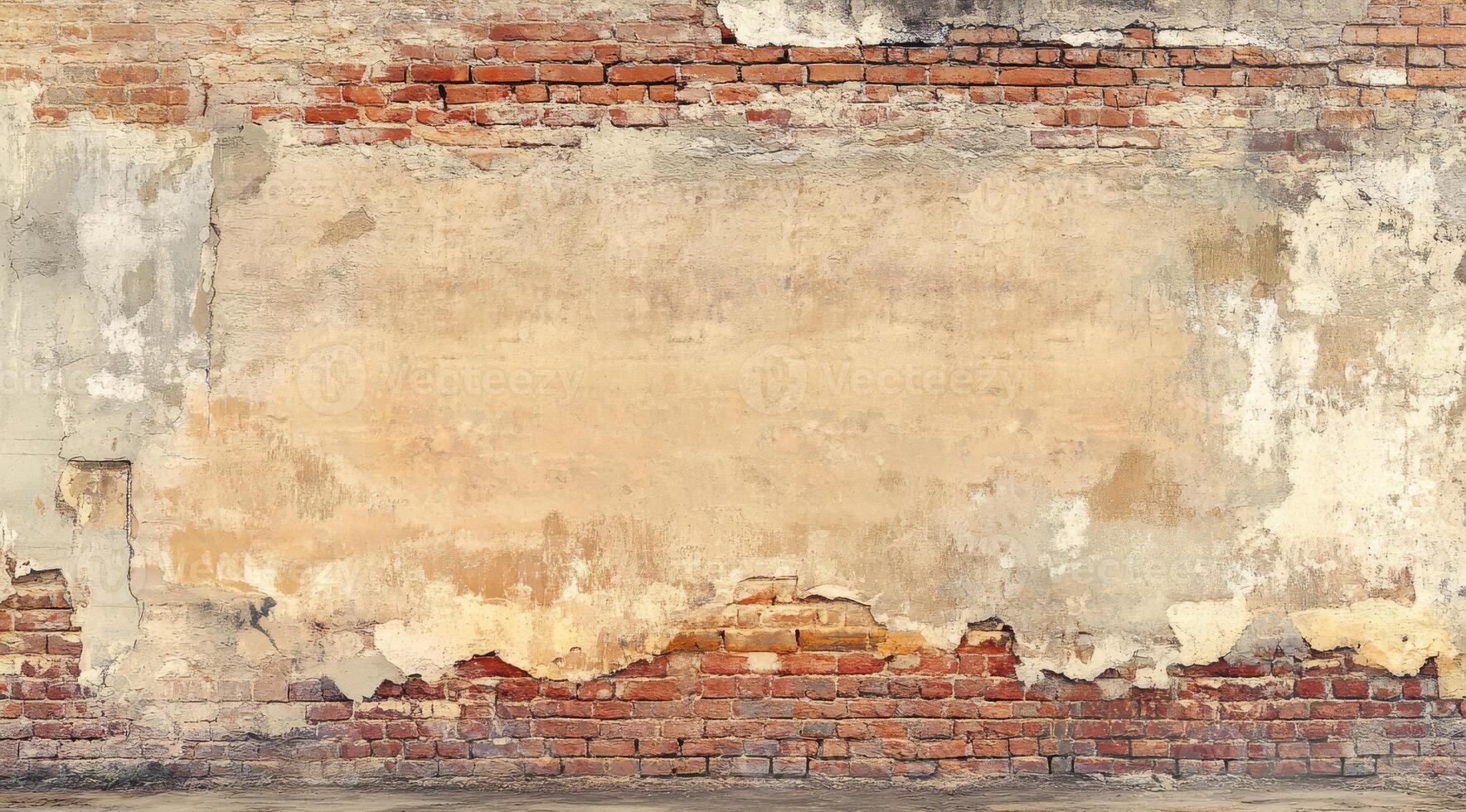 A weathered wall that displays peeling paint along with exposed brick, creating a unique surface that offers ample space for text or design elements, perfect for various artistic applications photo