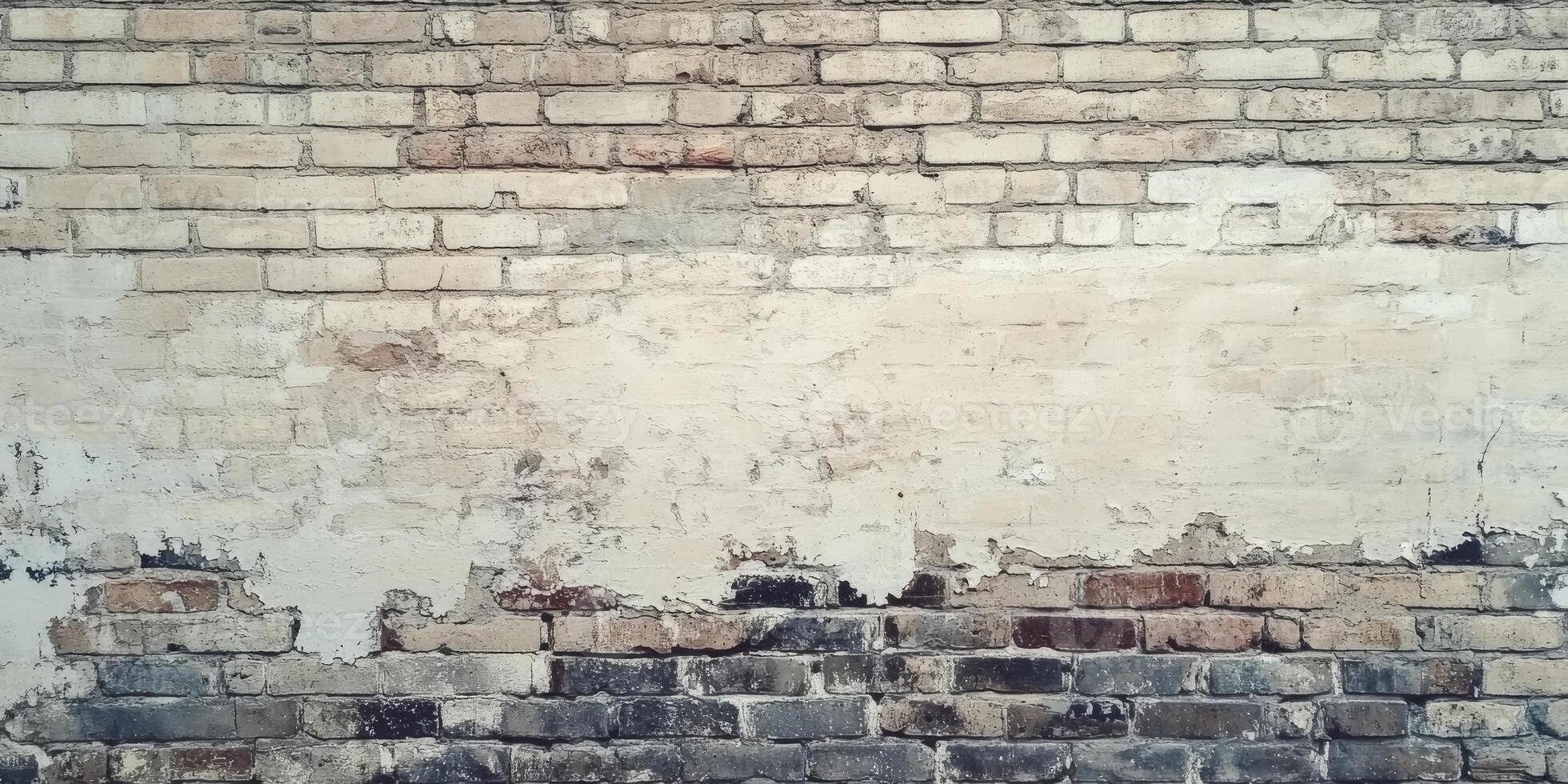 A weathered and aged brick wall presenting a captivating mix of beige and gray hues, beautifully showcasing texture and character, making it perfect for a variety of creative projects and backgrounds photo