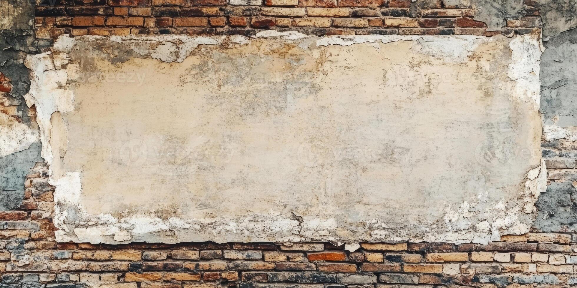 This is a weathered wall that showcases an appealing blend of exposed bricks and plaster. It is perfect for adding your own text, images, or other artistic elements, making it versatile photo