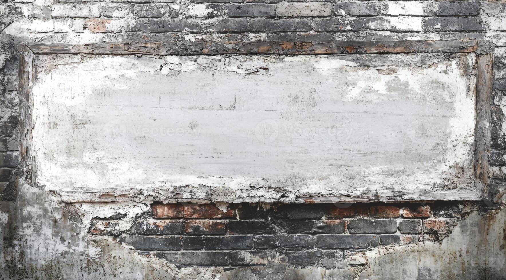 A weathered and aged brick wall adorned with peeling paint offers a generous amount of blank space ideal for incorporating text or graphics, perfectly set within a rustic and charming environment photo