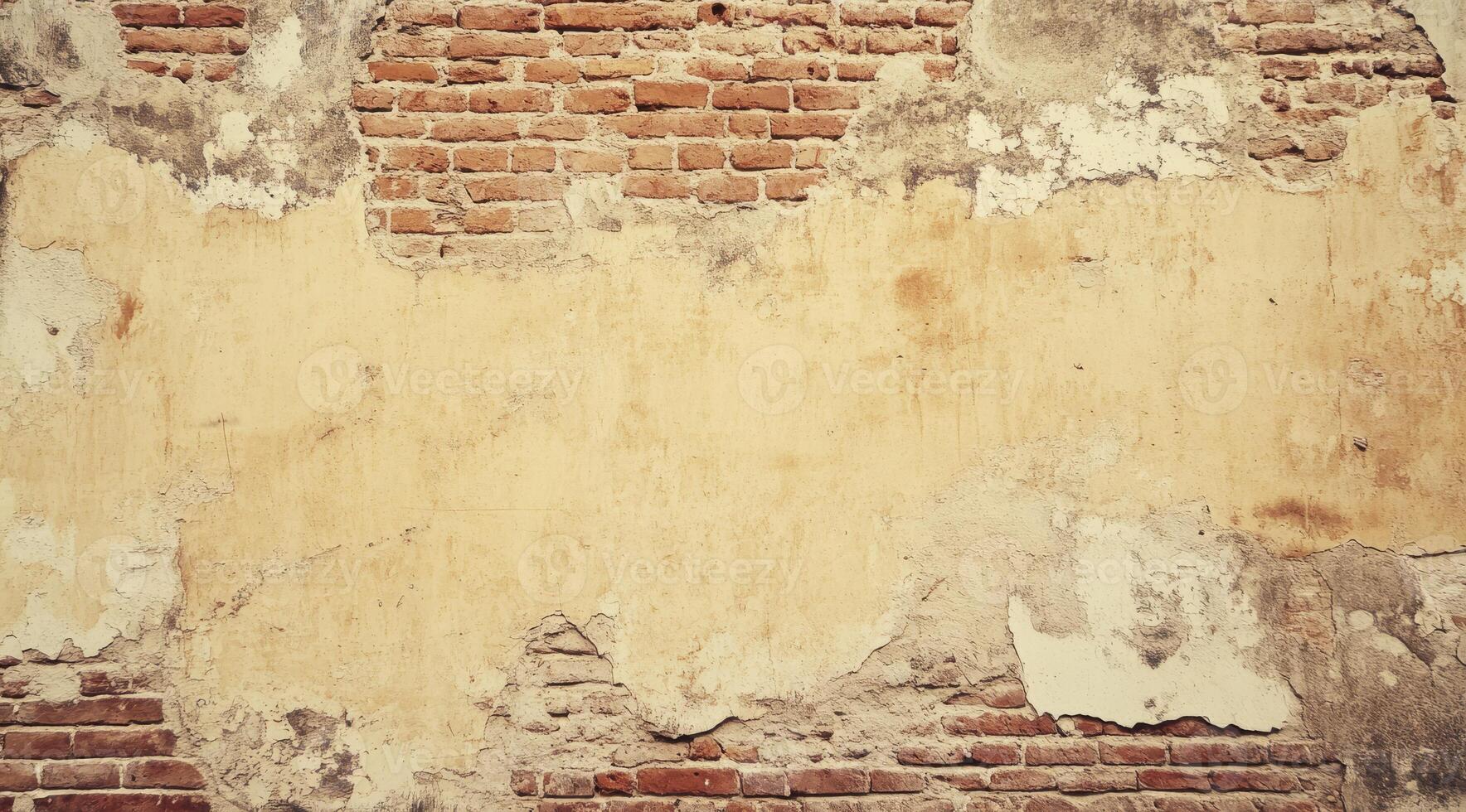 A rustic wall that showcases a beautiful blend of exposed bricks alongside faded plaster, resulting in a unique and captivating backdrop that offers ample copy space for various creative designs photo