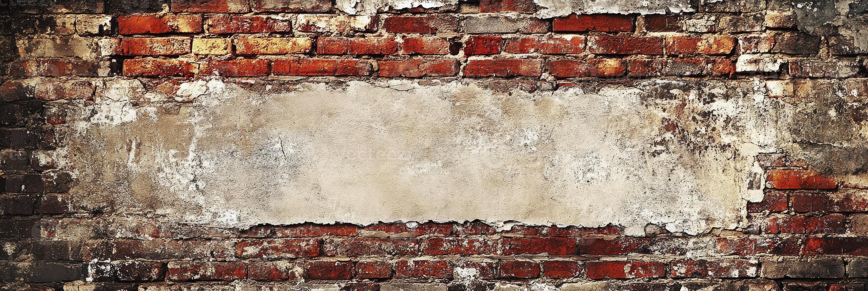 An aged brick wall showcases a blank canvas ideal for vibrant text or images, enhancing design projects, presentations, and marketing campaigns with its unique texture and character photo
