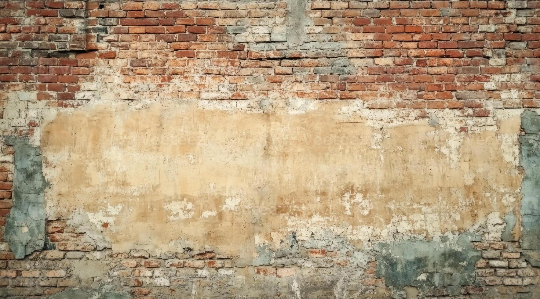The image features a rustic brick wall with a faded area, ideal for adding personal text or graphics. This appealing background suits design projects aiming for an authentic, vintage look photo
