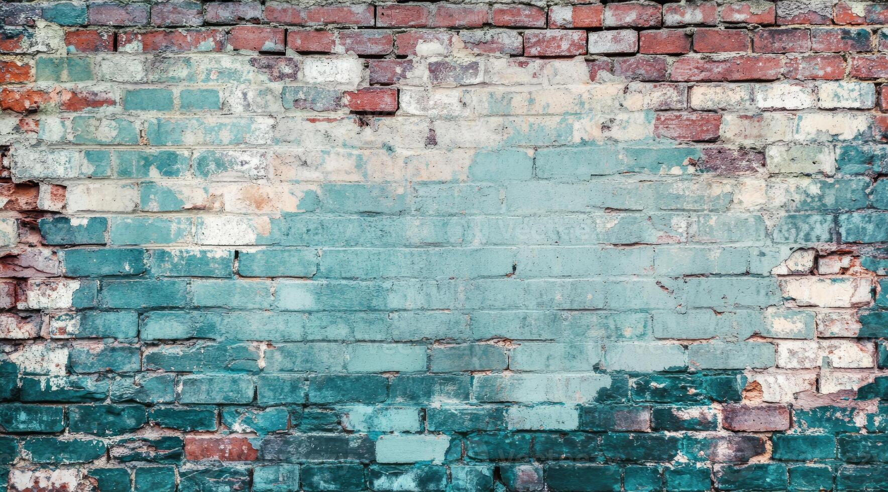 The rustic brick wall features stunningly distressed shades of red and teal, forming a captivating and textured backdrop that is perfect for a wide array of creative artistic uses and projects photo