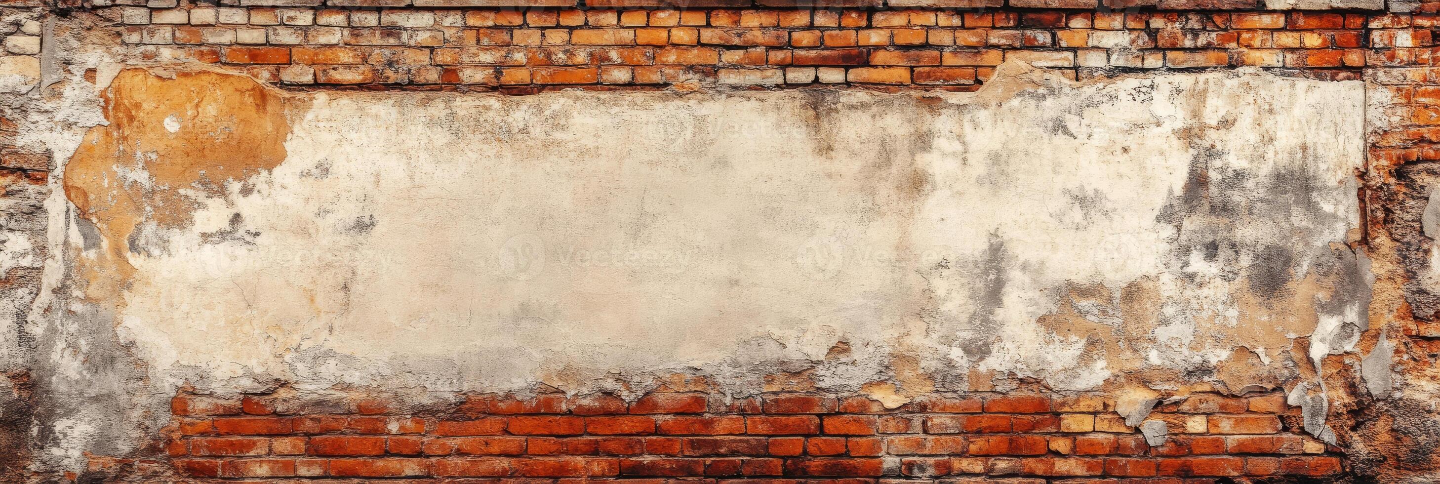 A weathered and textured wall that showcases peeling paint, along with exposed bricks, which provides ample space for various applications and creative endeavors, such as advertising or art photo
