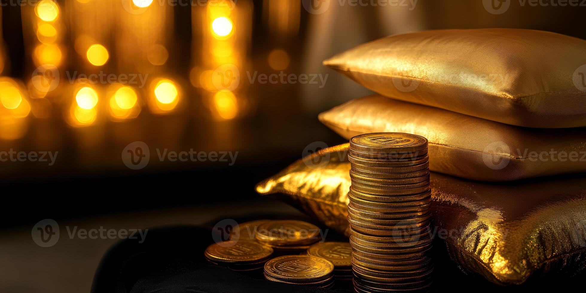 A stunning display of shiny gold coins alongside elegant pillows creates a luxurious atmosphere that captivates the senses, inviting you to experience its beauty and richness, enhancing the setting photo