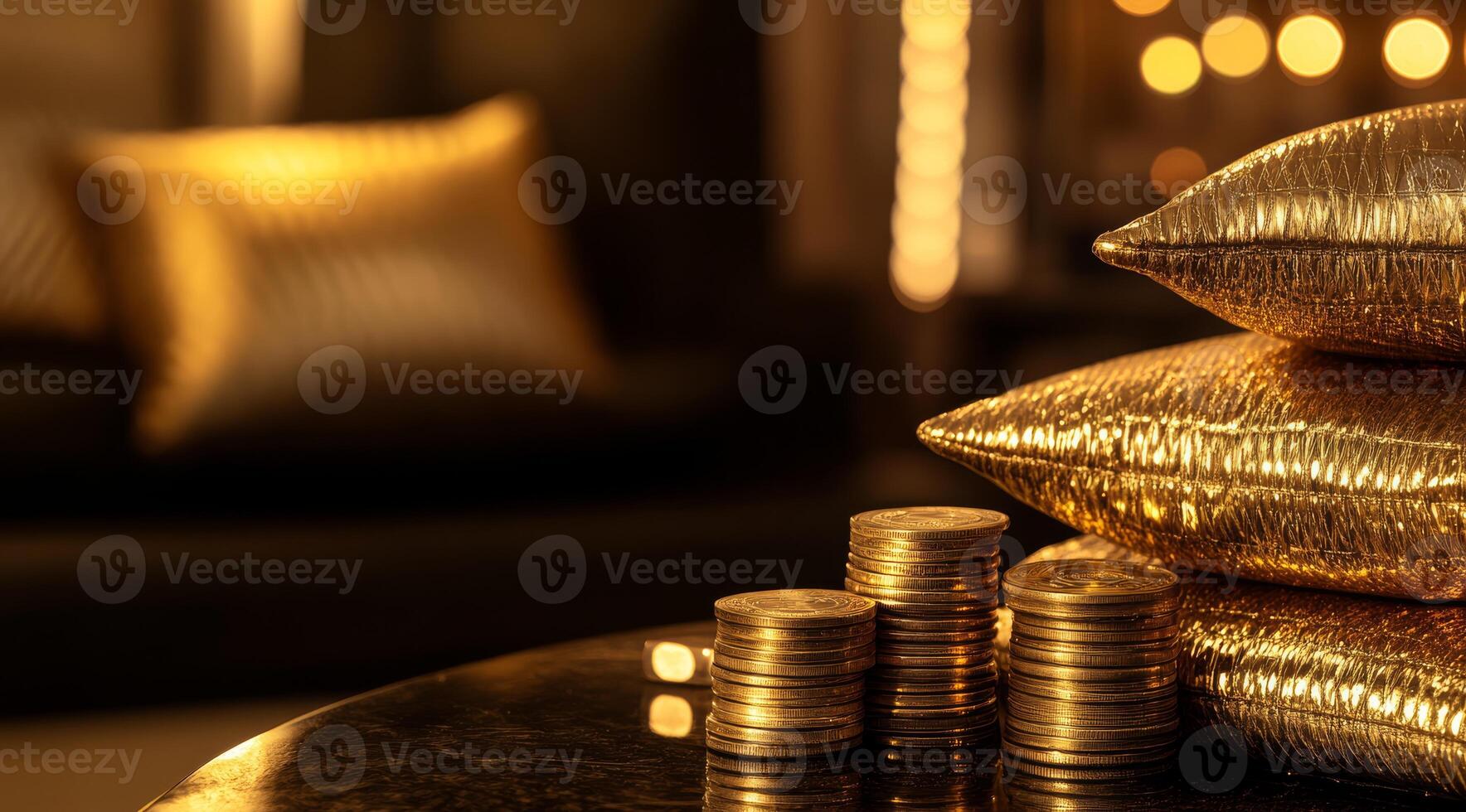 In a beautifully designed space, luxurious gold tokens and decorative plush pillows create a sense of opulence, making this chic living area captivating and truly remarkable in every aspect photo