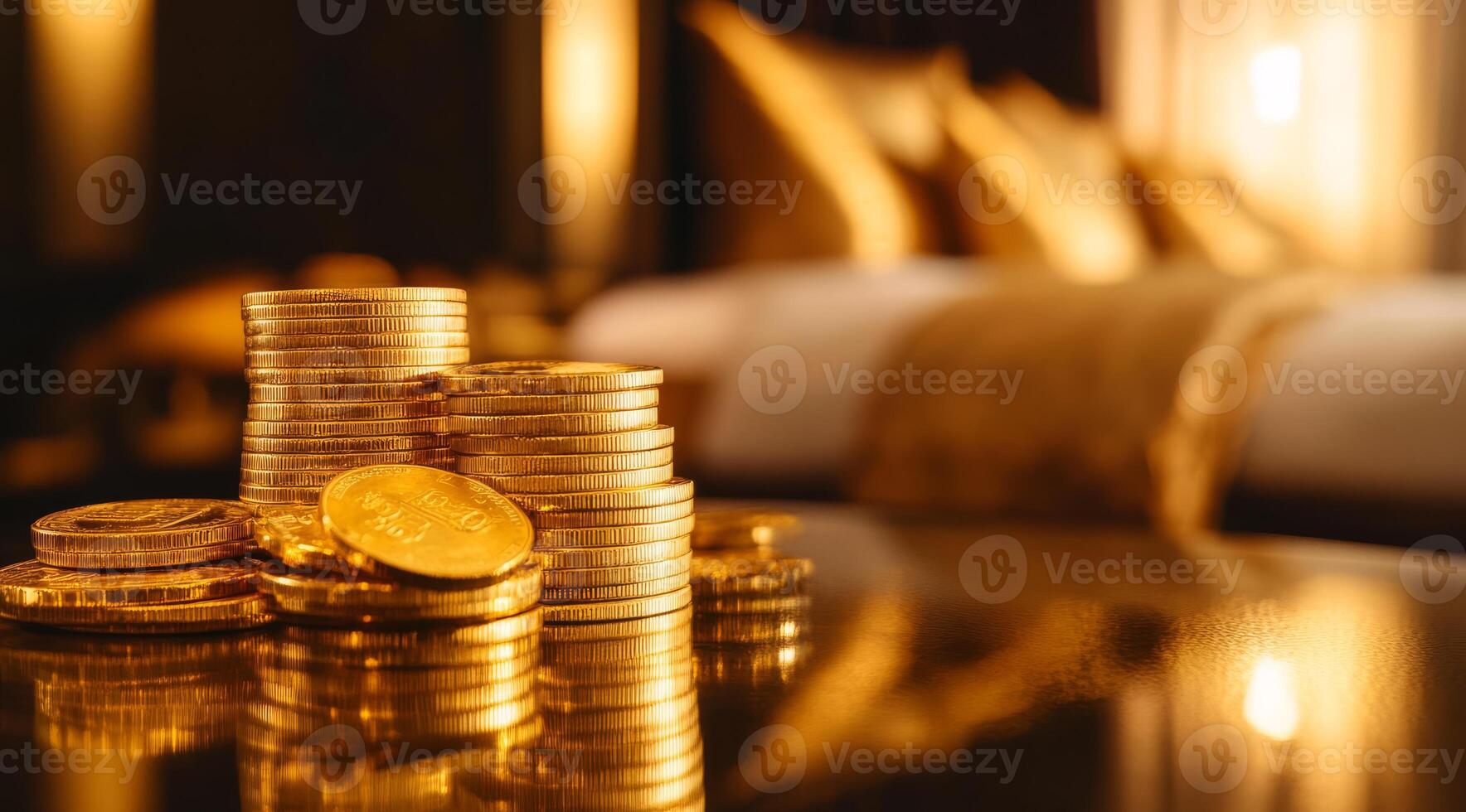 An enchanting image showcases gold tokens and coins arranged against an elegant backdrop, symbolizing immense wealth and opulence in a stylish manner, inviting admiration and wonder photo