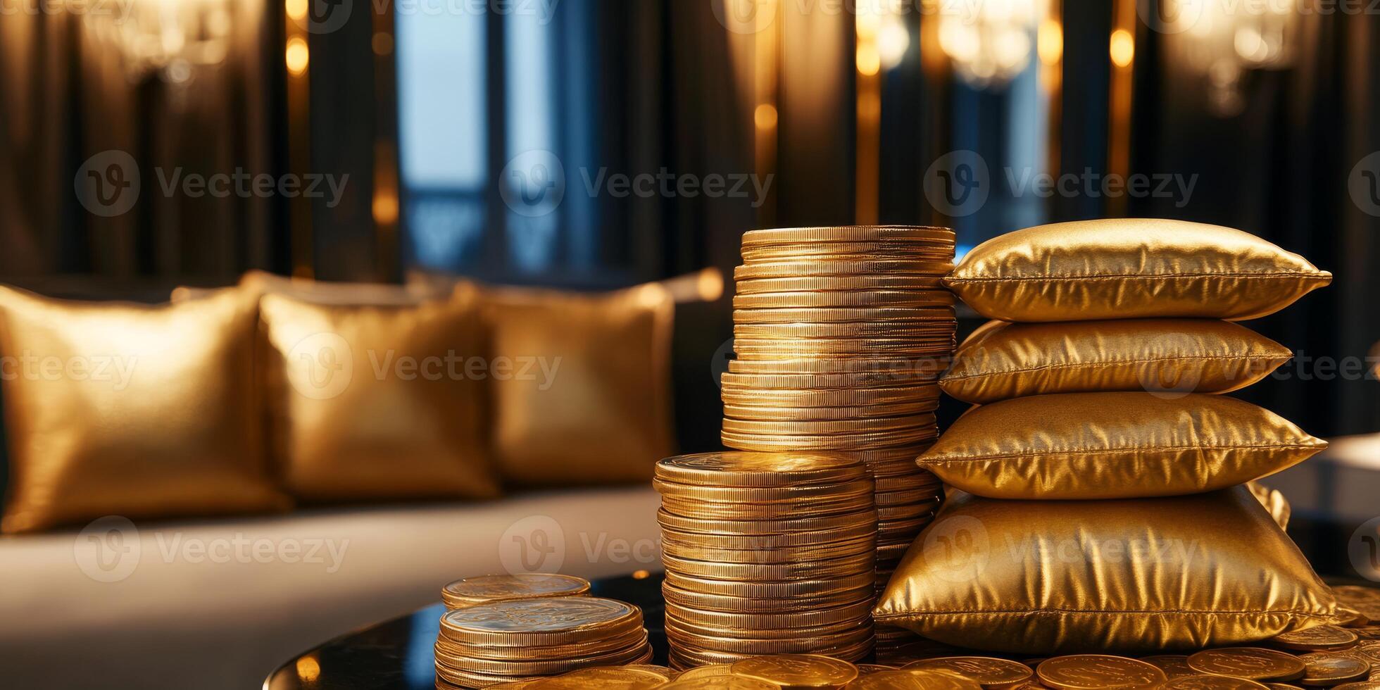 This captivating image showcases gleaming golden tokens stacked beside plush cushions, highlighting themes of wealth and luxury in an exquisite interior, evoking a remarkable sense of indulgence photo