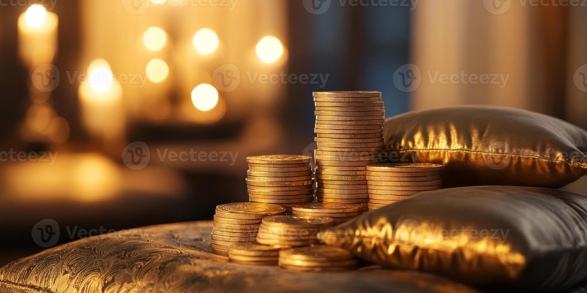A stunning collection of exquisite gold tokens arranged on plush cushions, illuminated by soft candlelight, enchanting viewers with a deep sense of opulence, richness, and timeless elegance photo