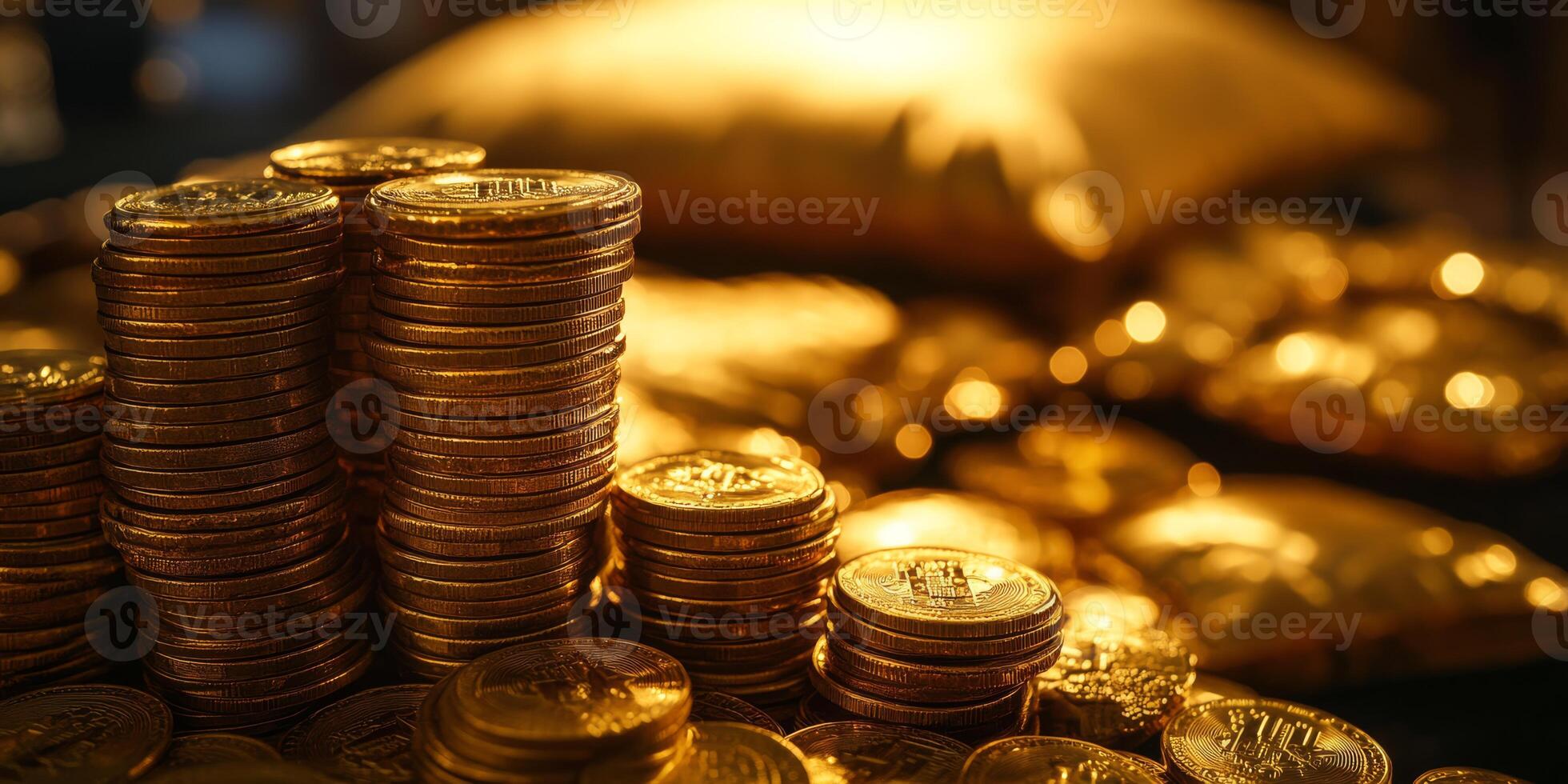 A truly magnificent display featuring a grand assortment of gold tokens meticulously stacked amongst a dazzling array of shimmering treasures, all exuding an immense sense of wealth and opulence photo