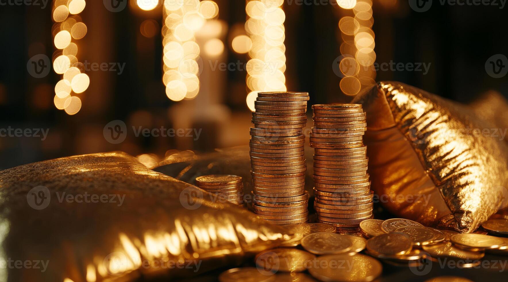 An enchanting and mesmerizing arrangement of shimmering golden coins accompanied by plush pillows, exuding a sense of luxury and prosperity, beautifully illuminated by soft, warm lighting photo