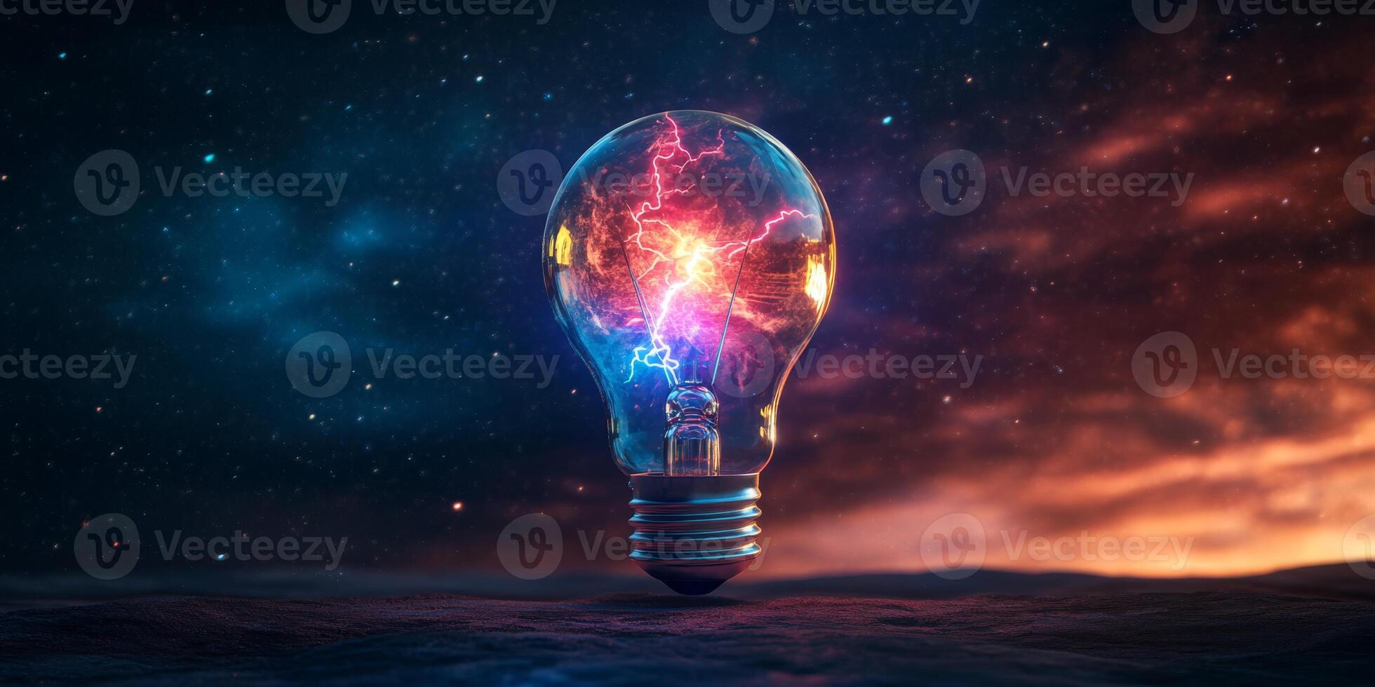 This is a stunning digital representation showcasing a light bulb that is filled with vibrant cosmic energy, symbolizing not just technological innovation but also the boundless nature of creativity photo