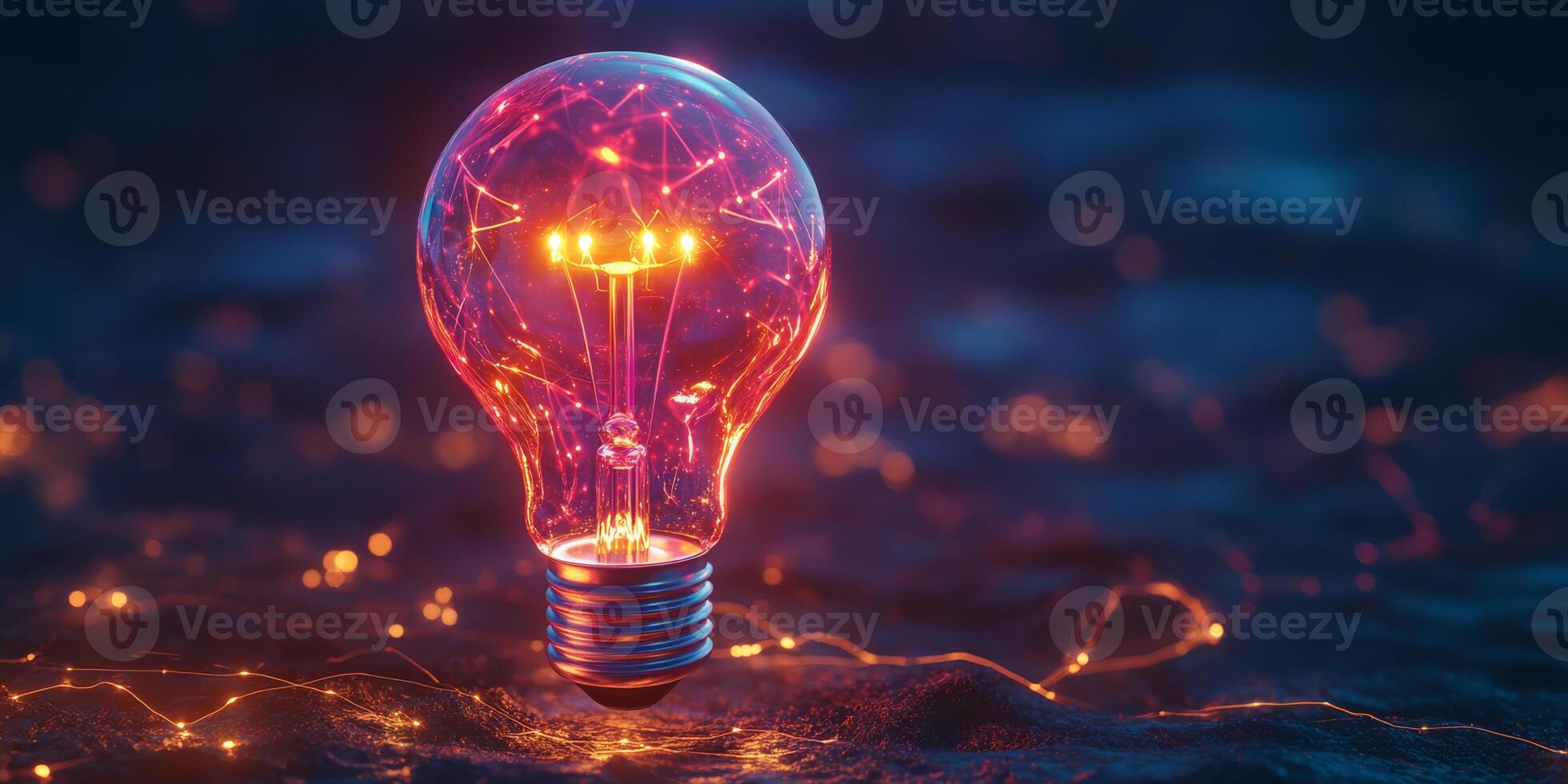 A vibrant digital light bulb, brilliantly glowing with intricate circuits and wires, symbolizes the essence of innovation and technology, inspiring boundless creativity in todays everevolving world photo