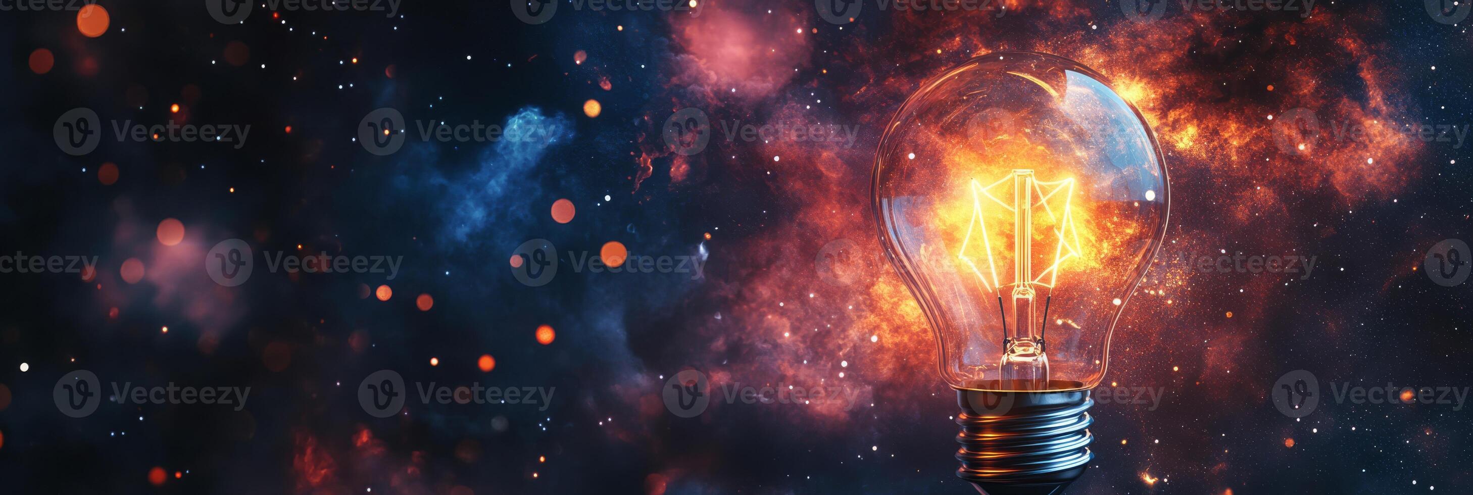 This beautiful image merges advanced technology with the cosmos, featuring a glowing light bulb against a vibrant galaxy backdrop filled with stars and cosmic wonders that inspire awe photo