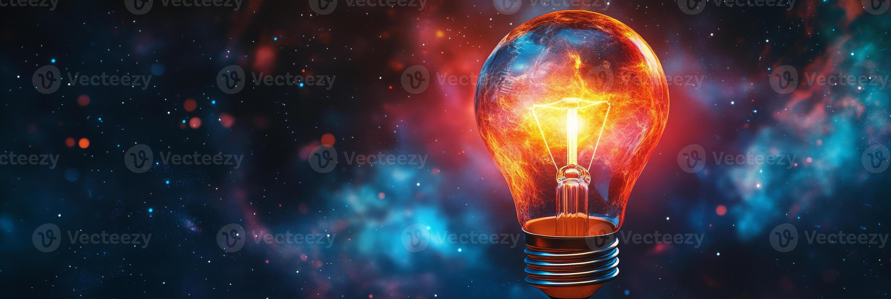 A bright digital light bulb shines against a cosmic backdrop of stars and galaxies, symbolizing the union of creativity and technology, fusing art with science and embodying innovation photo