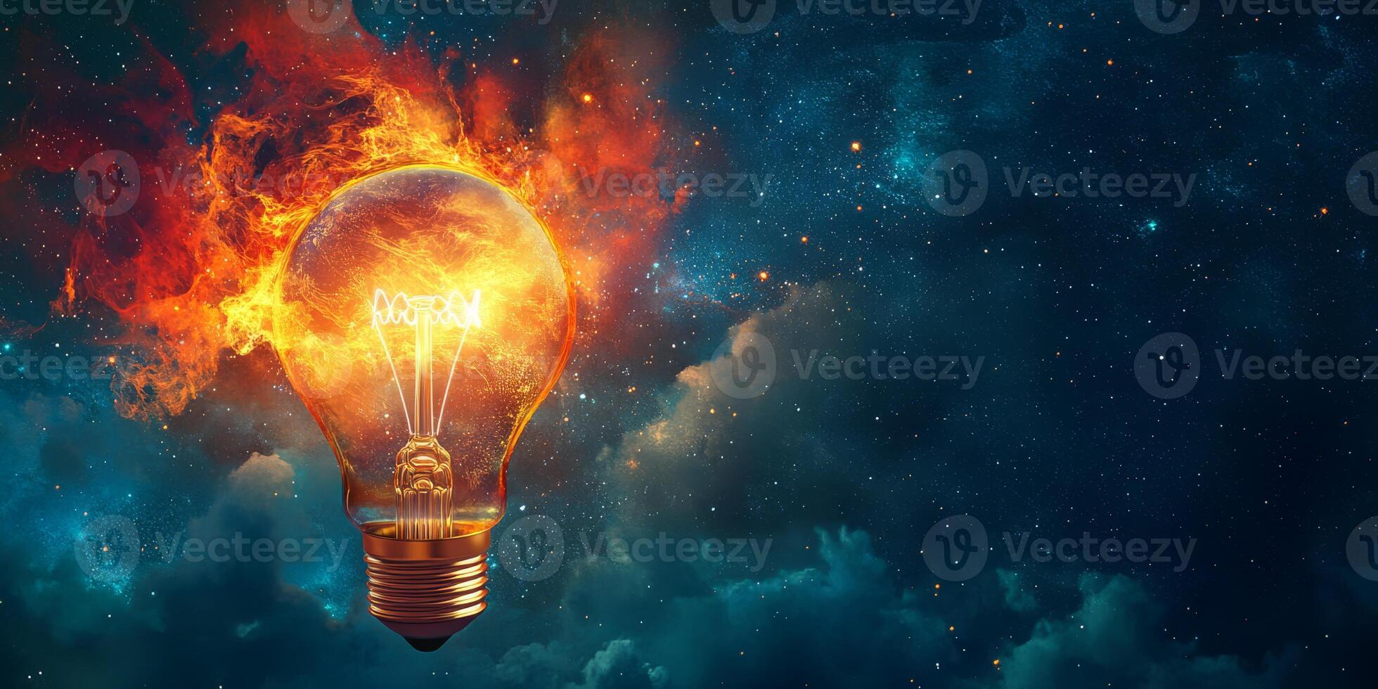 This captivating digital image features a classic light bulb surrounded by vibrant flames, symbolizing the limitless potential of innovation, creativity, technology, and the future photo