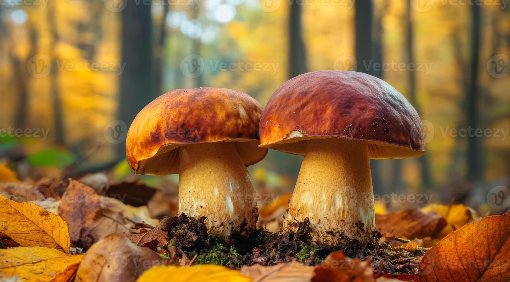 In a stunning autumn forest filled with beauty, vibrant mushrooms are surrounded by a rich array of colorful leaves photo