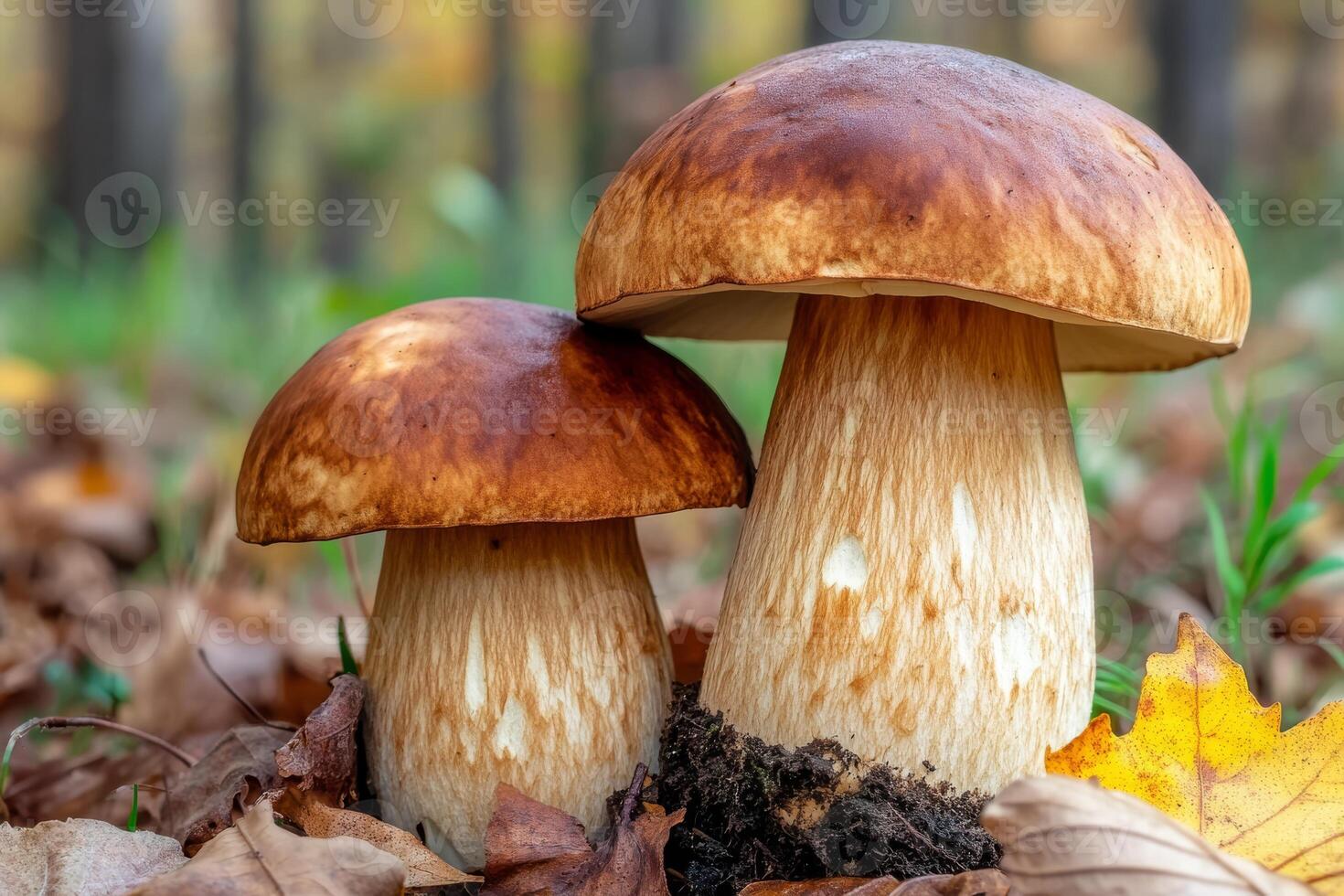 A breathtaking pair of majestic mushrooms elegantly nestled amid colorful autumn leaves in a serene forest setting photo