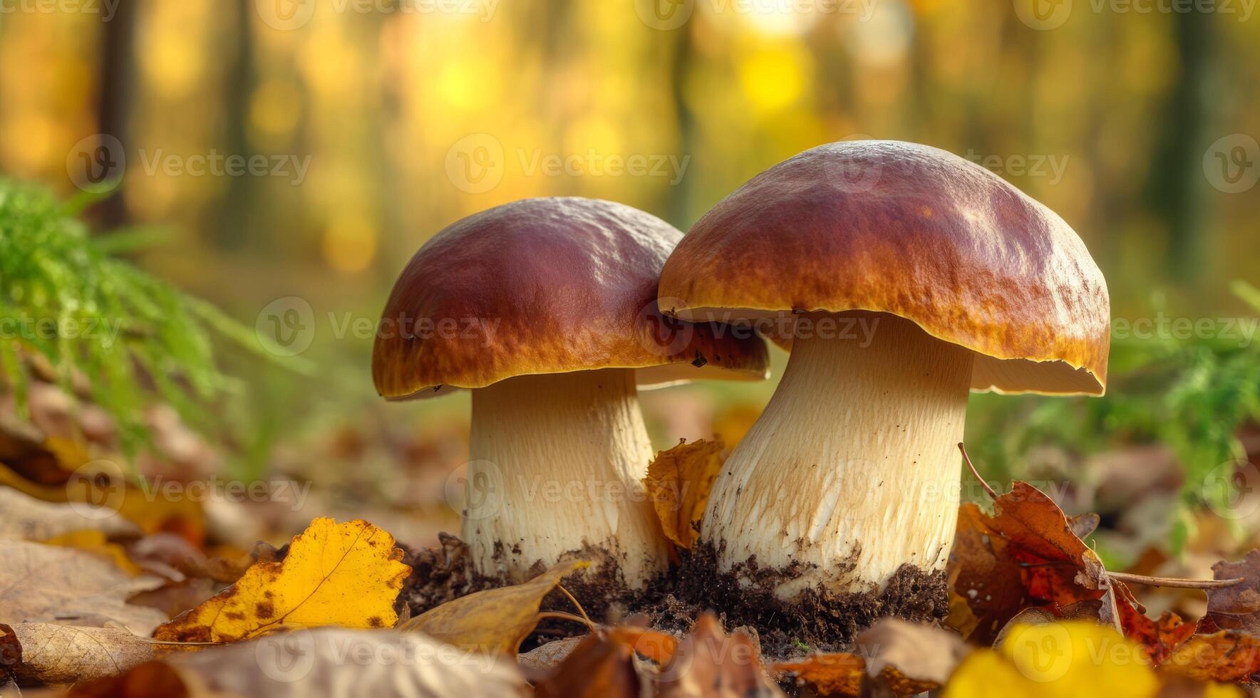 In a vibrant autumn forest setting, two lovely mushrooms stand elegantly, embraced by colorful fallen leaves photo