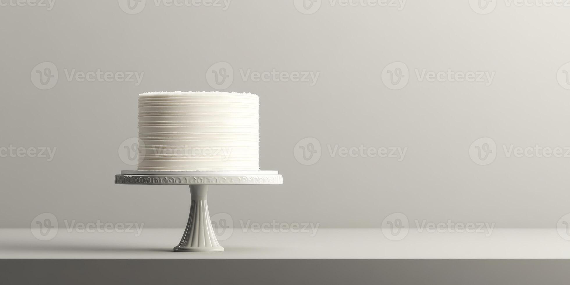 A beautifully simple and elegantly designed white birthday cake is showcased on a classic cake stand, perfectly highlighting its minimalistic design, sophistication, and tasteful elegance photo