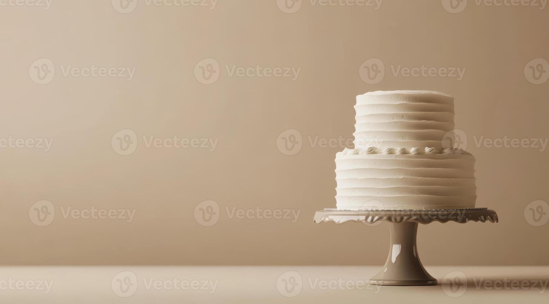 A stunning and beautifully designed minimalistic white birthday cake is elegantly presented on a stylish cake stand, making it a perfect choice for any special celebration or memorable event photo