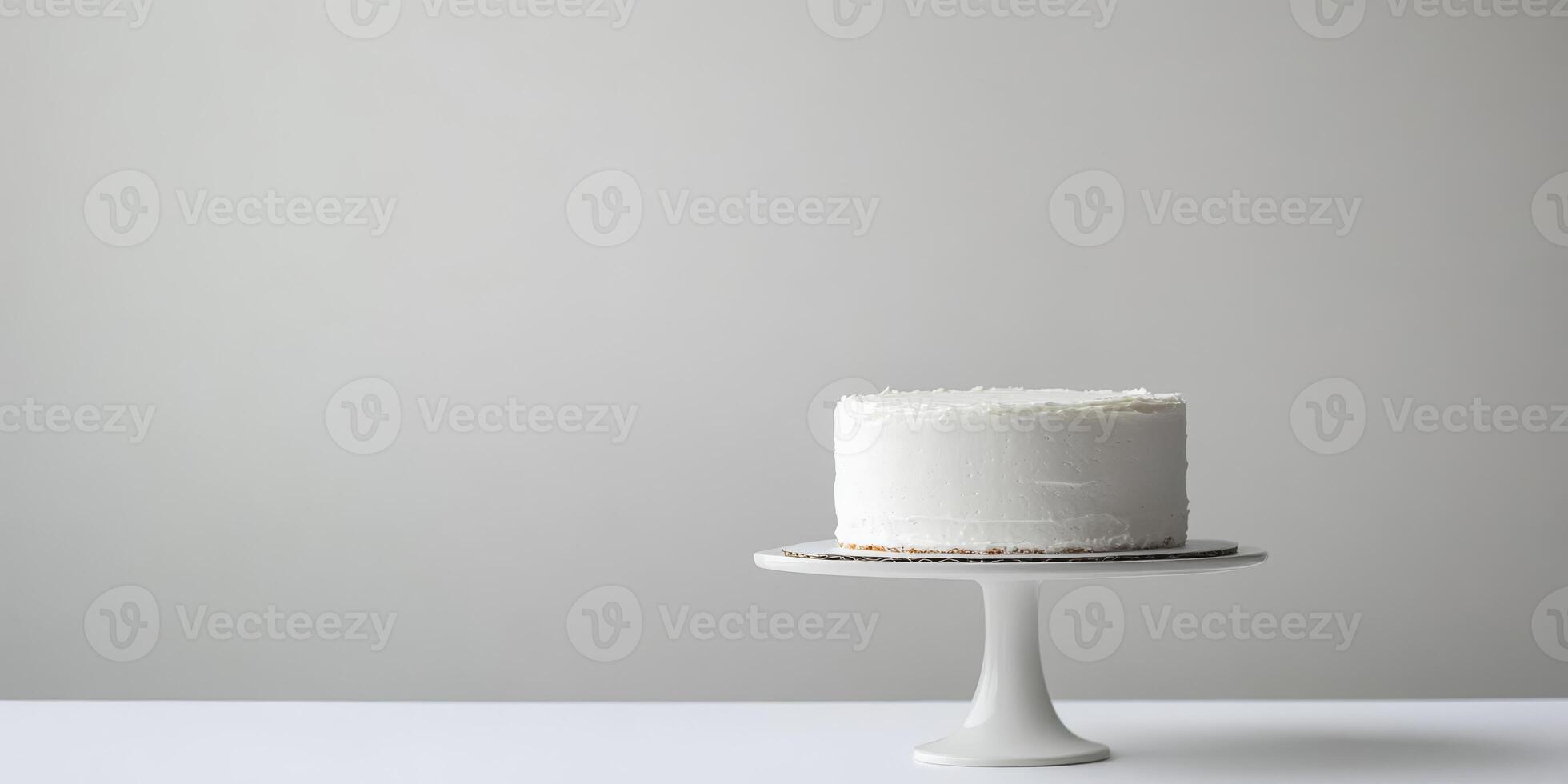 This exquisite and elegant white birthday cake is artistically displayed on a contemporary stand against a subtle and soft background, making it an ideal choice for any kind of celebration or event photo