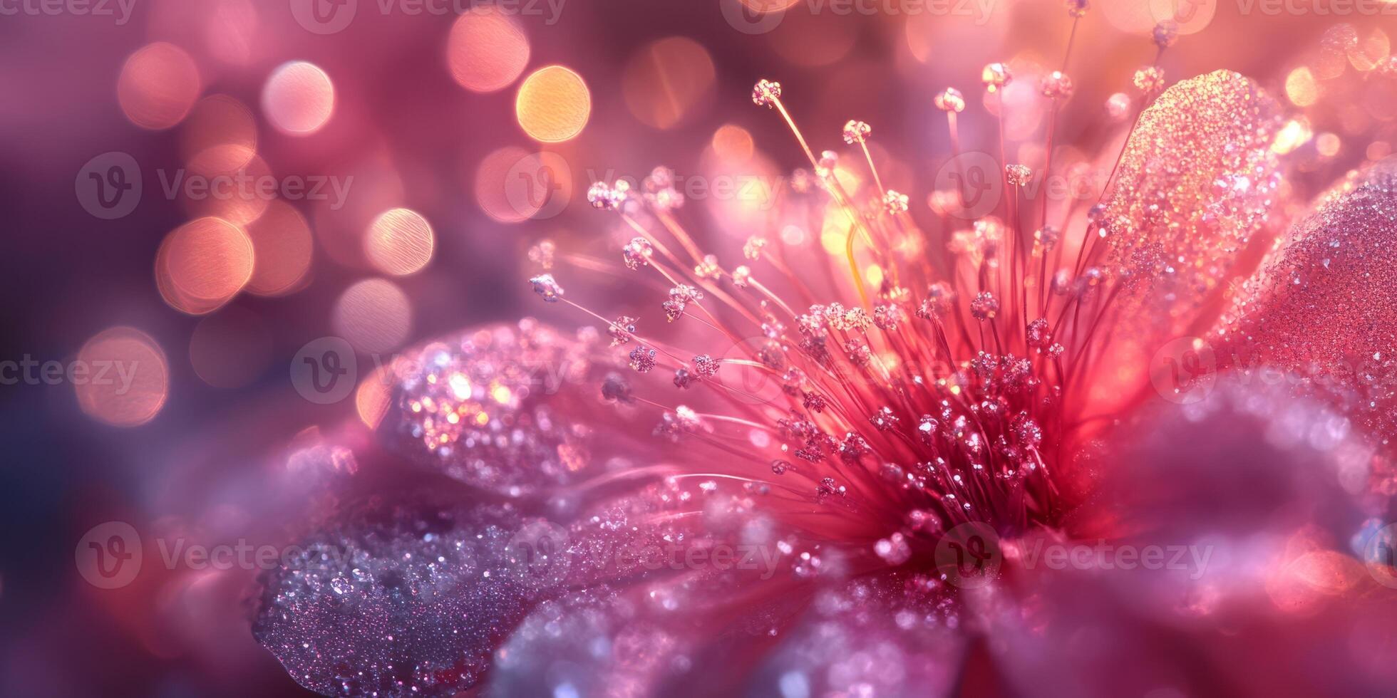 A closeup of a vibrant flower with dew drops, set against a dreamy bokeh background creating an ethereal scene photo