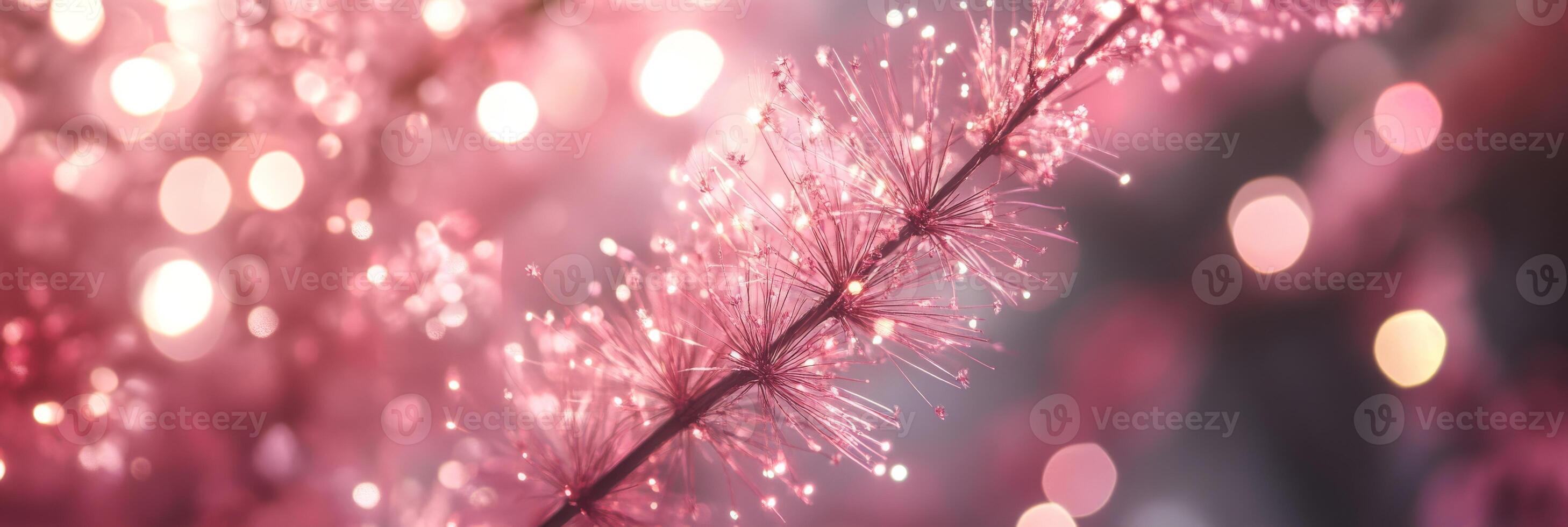 A beautiful soft pink branch is adorned with enchanting, sparkling bokeh lights that capture attention photo