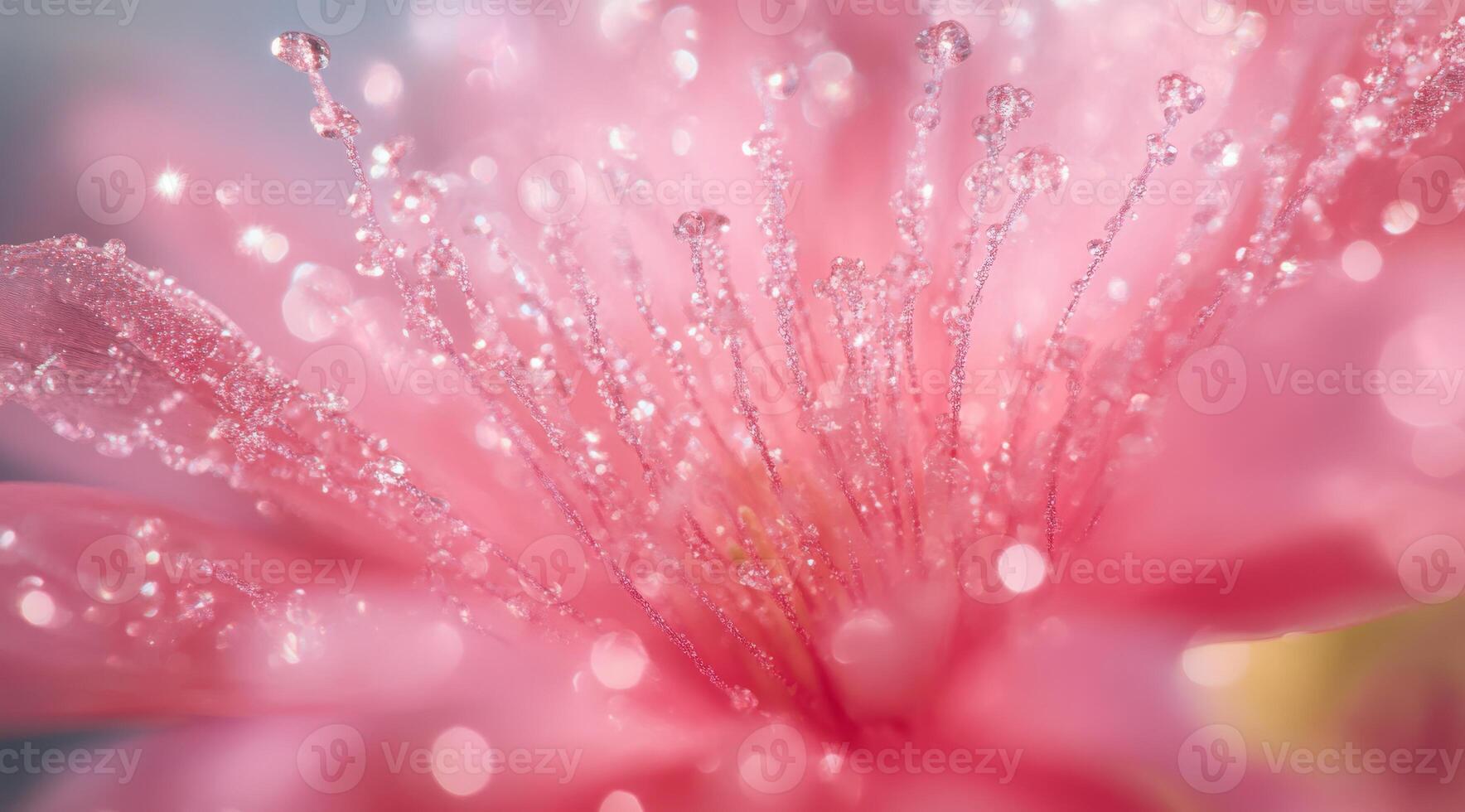 A stunning and vibrant closeup captures a lovely pink flower beautifully adorned with glimmering dew droplets photo