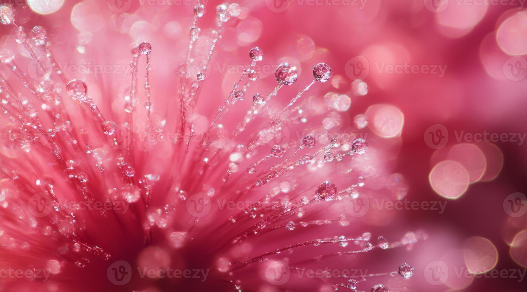 A detailed closeup shows a pink flower with glistening droplets set against a dreamy bokeh background photo