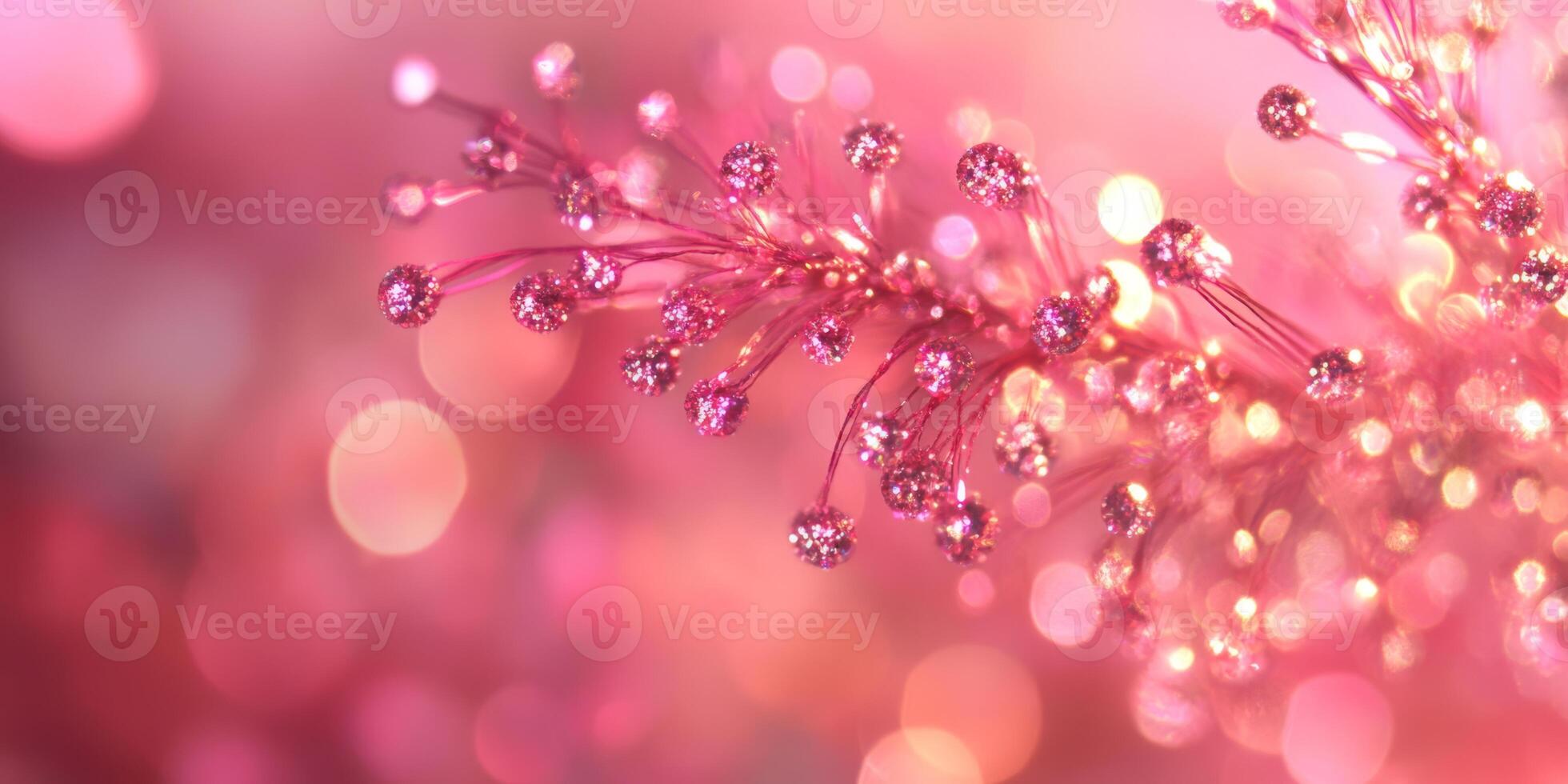 A stunning pink branch beautifully adorned with sparkling elements, gracefully set against a dreamy bokeh backdrop photo