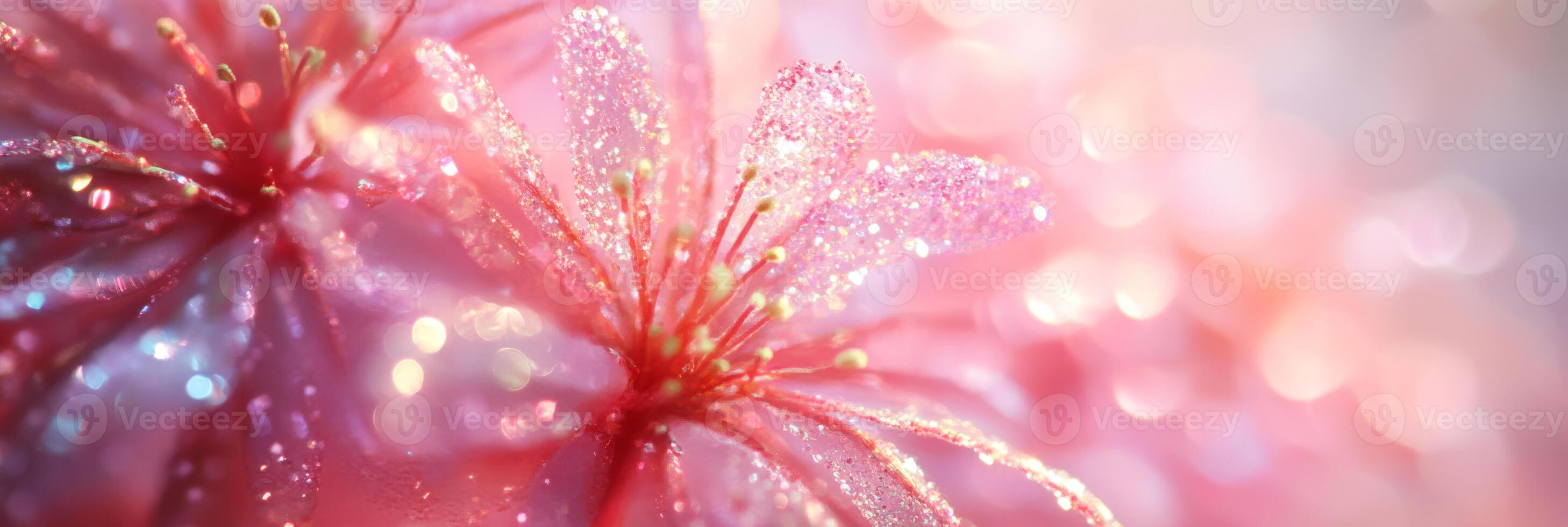 A stunning closeup photograph of beautiful pink flowers glimmering with enchanting sparkle and bright light photo