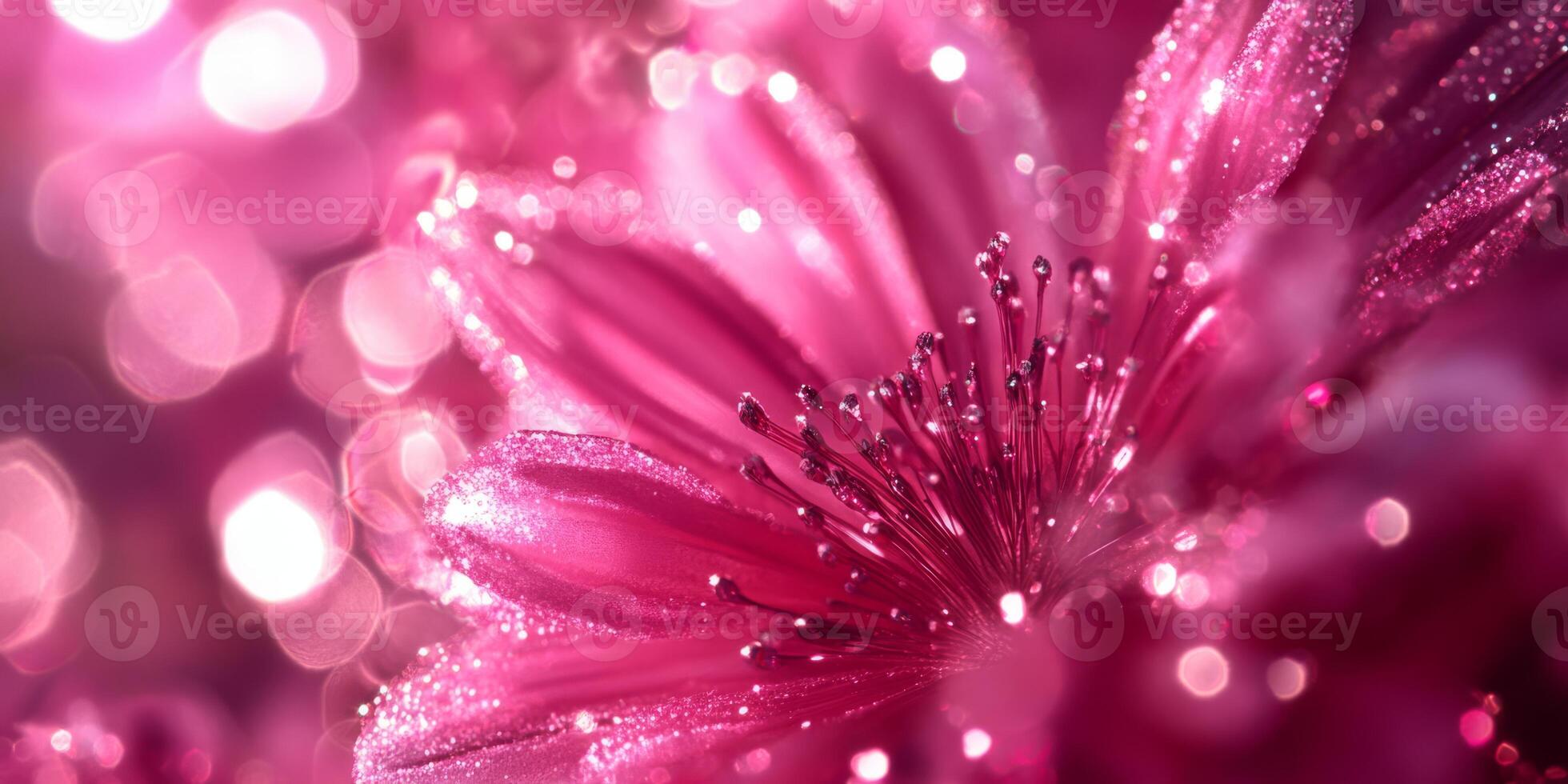 A stunning closeup of a beautiful pink flower featuring moisture droplets against a vibrant bokeh background photo