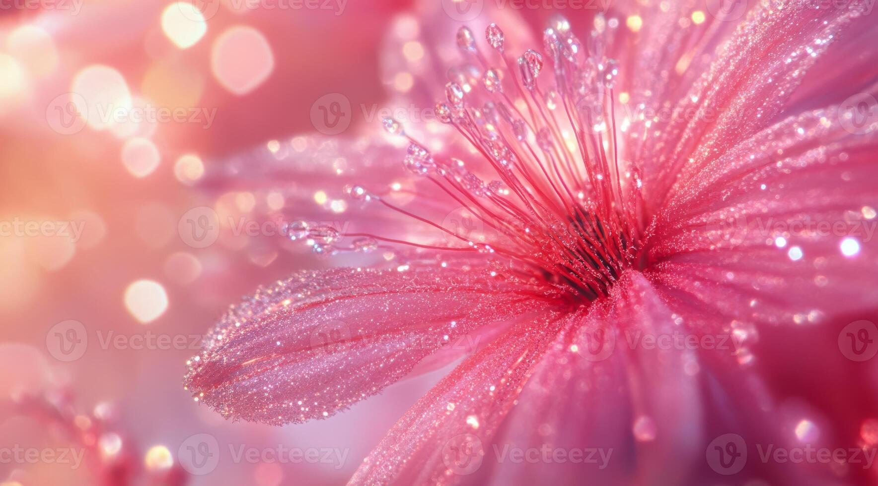 A stunning closeup image of a pink flower glistening beautifully with dewdrops, wonderfully captured in soft focus photo