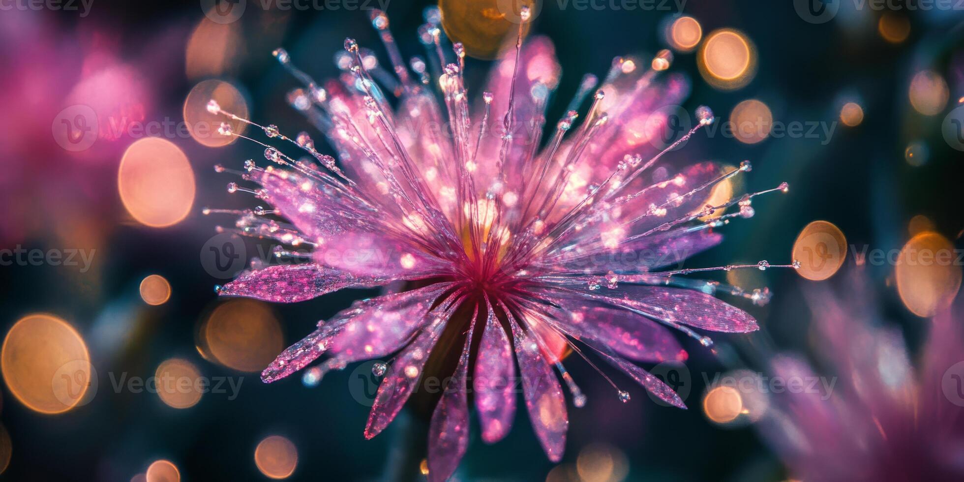 A breathtakingly stunning pink flower gracefully adorned with glistening droplets and a dreamy bokeh background photo