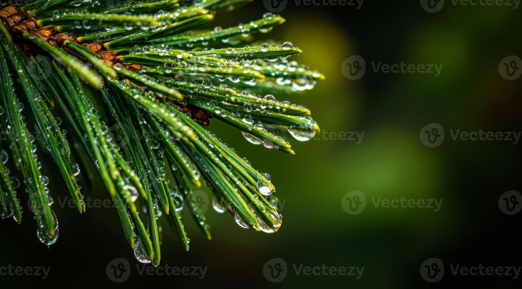 A breathtaking closeup capture of a pine branch adorned with glistening dew drops, exquisitely showcasing the magnificent beauty of nature in vibrant detail for all to admire and appreciate photo