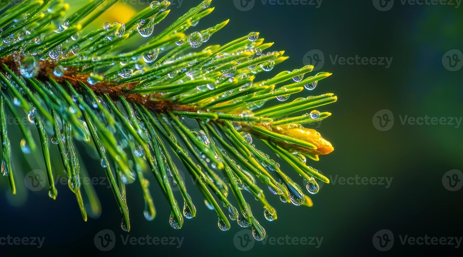 This captivating image features a detailed pine branch with glistening dewdrops that enhance its vibrant green needles and showcase the beauty of the surrounding natural environment photo