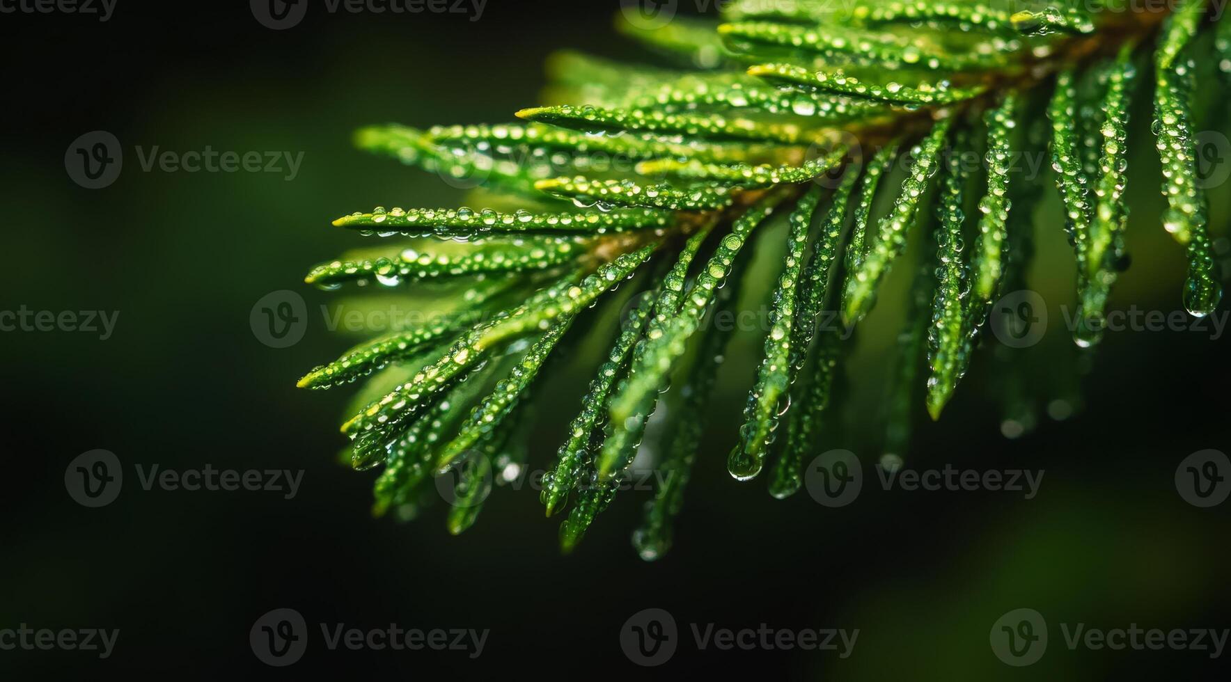 A beautifully detailed closeup of a pine branch, adorned with sparkling dew drops that glisten in the sunlight, showcasing the vibrant, lush greenery and the intricate structure of its needles photo